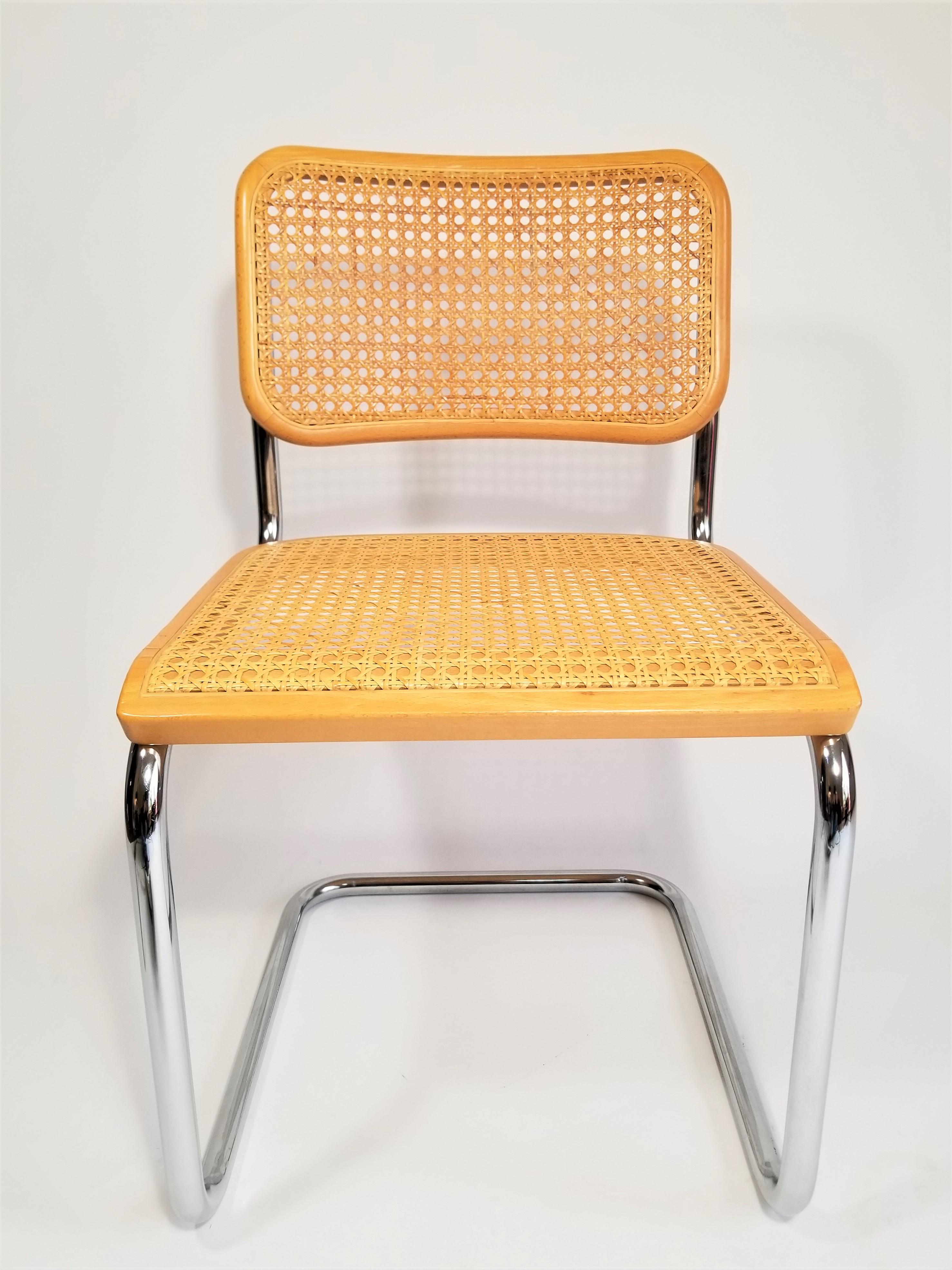 Early production of the Marcel Breuer Cesca side chair made by Thonet. Still retains the original GMF marking tag and is stamped Made in Poland. Very good condition. Chrome has been polished.
Complimentary delivery can be arranged for this item in