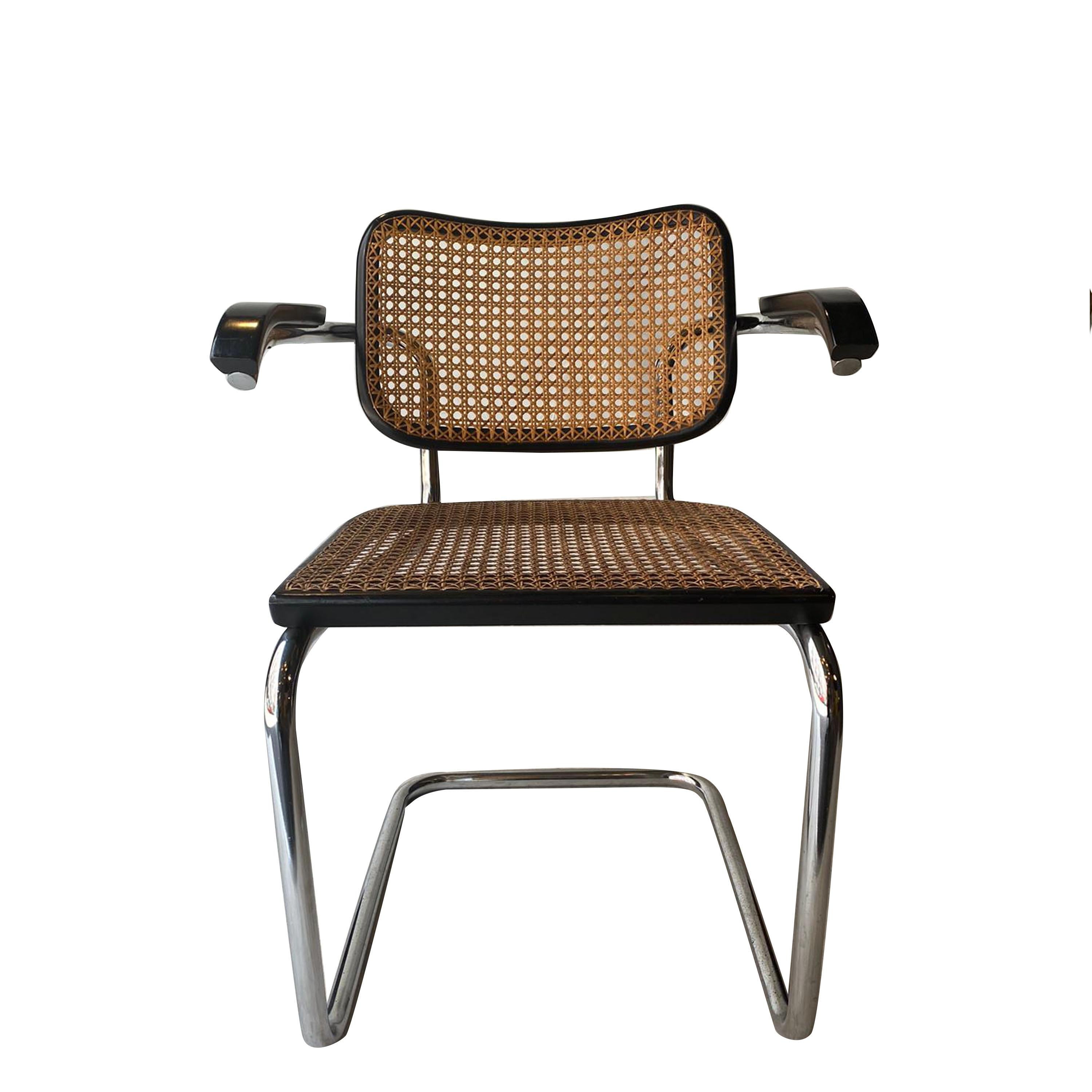 Chairs, model Cesca, designed by Marcel Breuer.
Manufactured in Italy around 1960 by Gavina manufacturer.

Metal pipe frame, wood seat and back structure and rattan.
