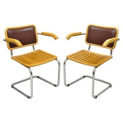 Marcel Breuer Cesca Chair Cantilever Chrome Frame Wood Seat, a Pair