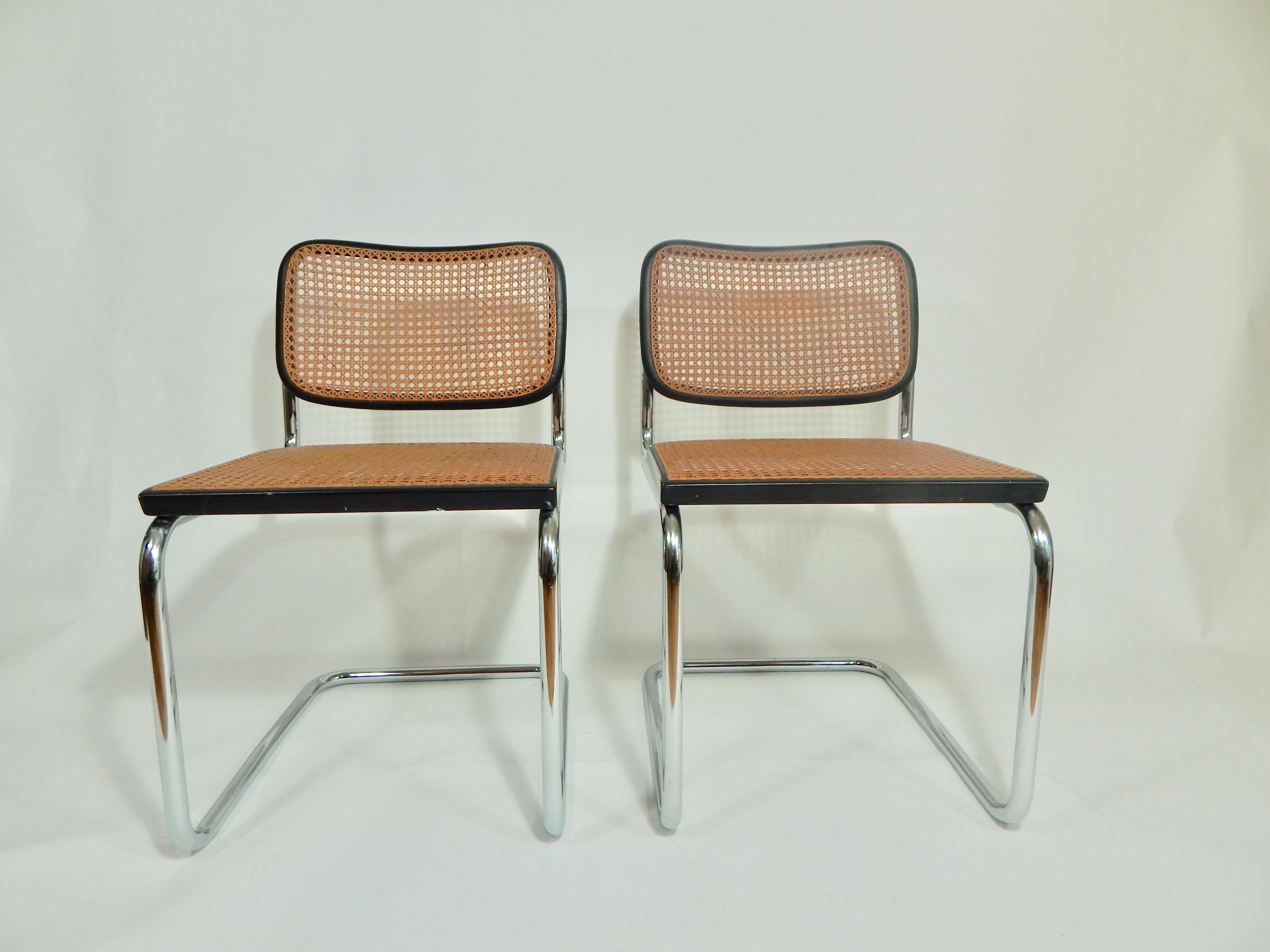 Stunning pair of Midcentury late 1960s Cane Cesca sidechairs originally designed by Marcel Breuer in 1928. All Hand Caning (see photos) and both chairs still retain markings of both Knoll and Gavina. Chrome tubular frames. Chairs are an early