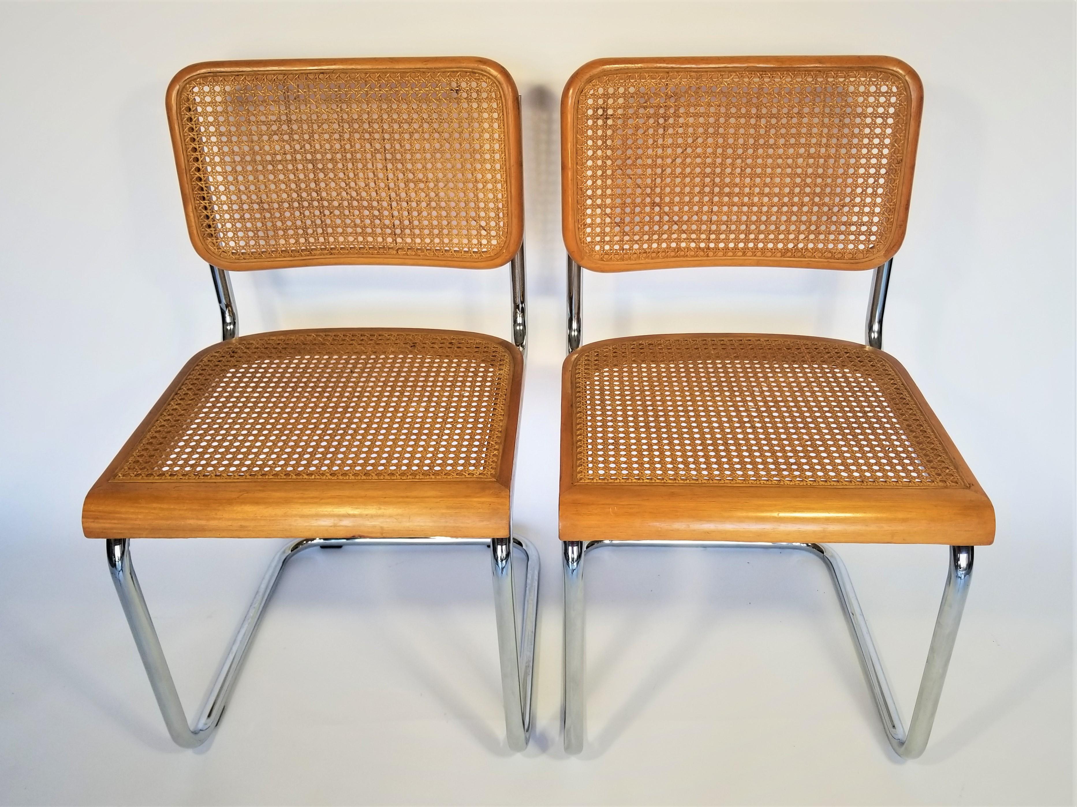 Pair of mid century Marcel Breuer Cesca side chairs in natural finish. Cane seats and backs. Classic chrome cantilever frames. We polish all chrome. 

Complimentary local delivery in NYC and surrounding areas can be arranged for this item.