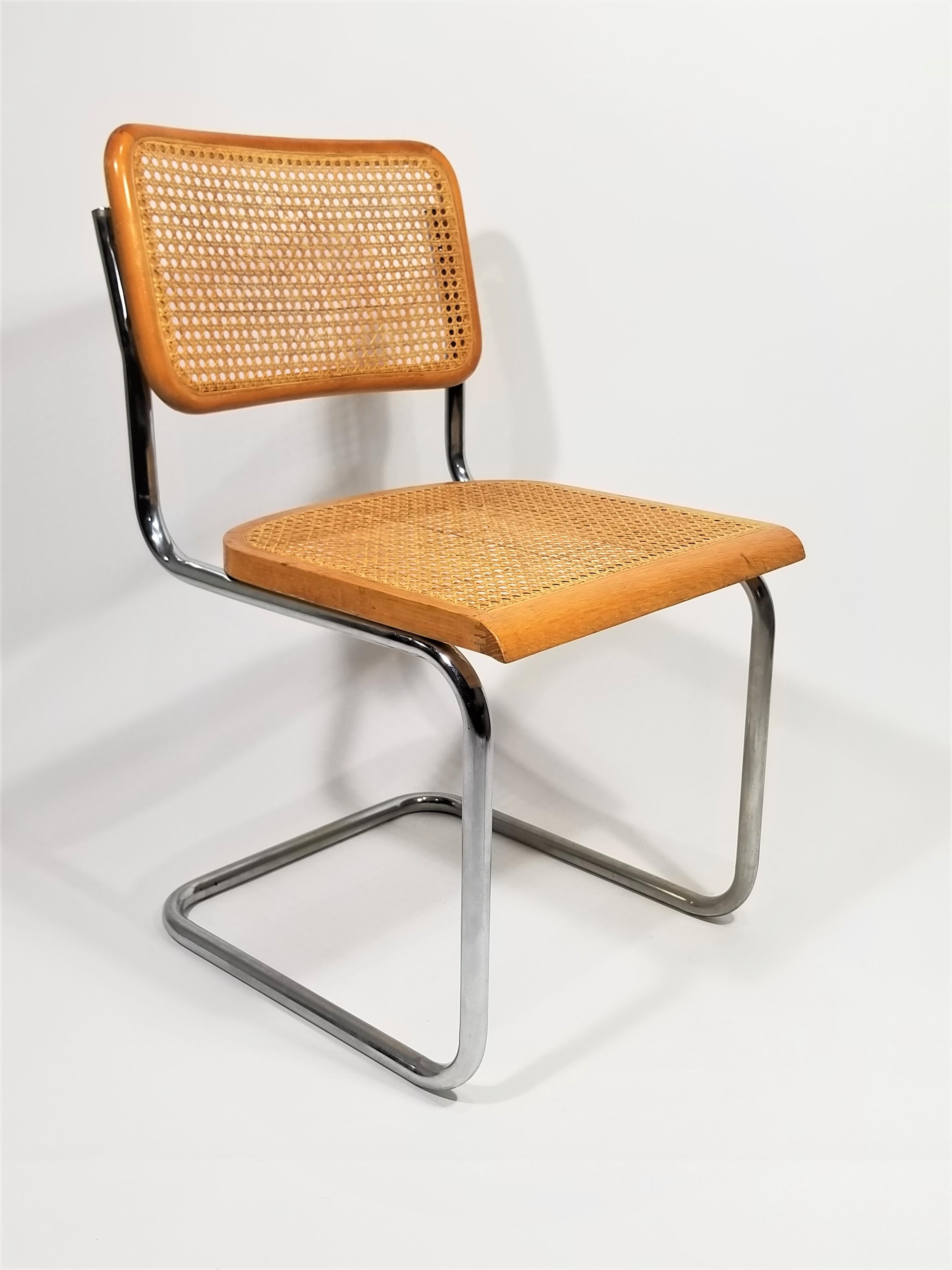 Mid century 1970s Marcel Breuer cesca side chair. natural finish. Cane seat and back. Classic chrome Cantilever frame.