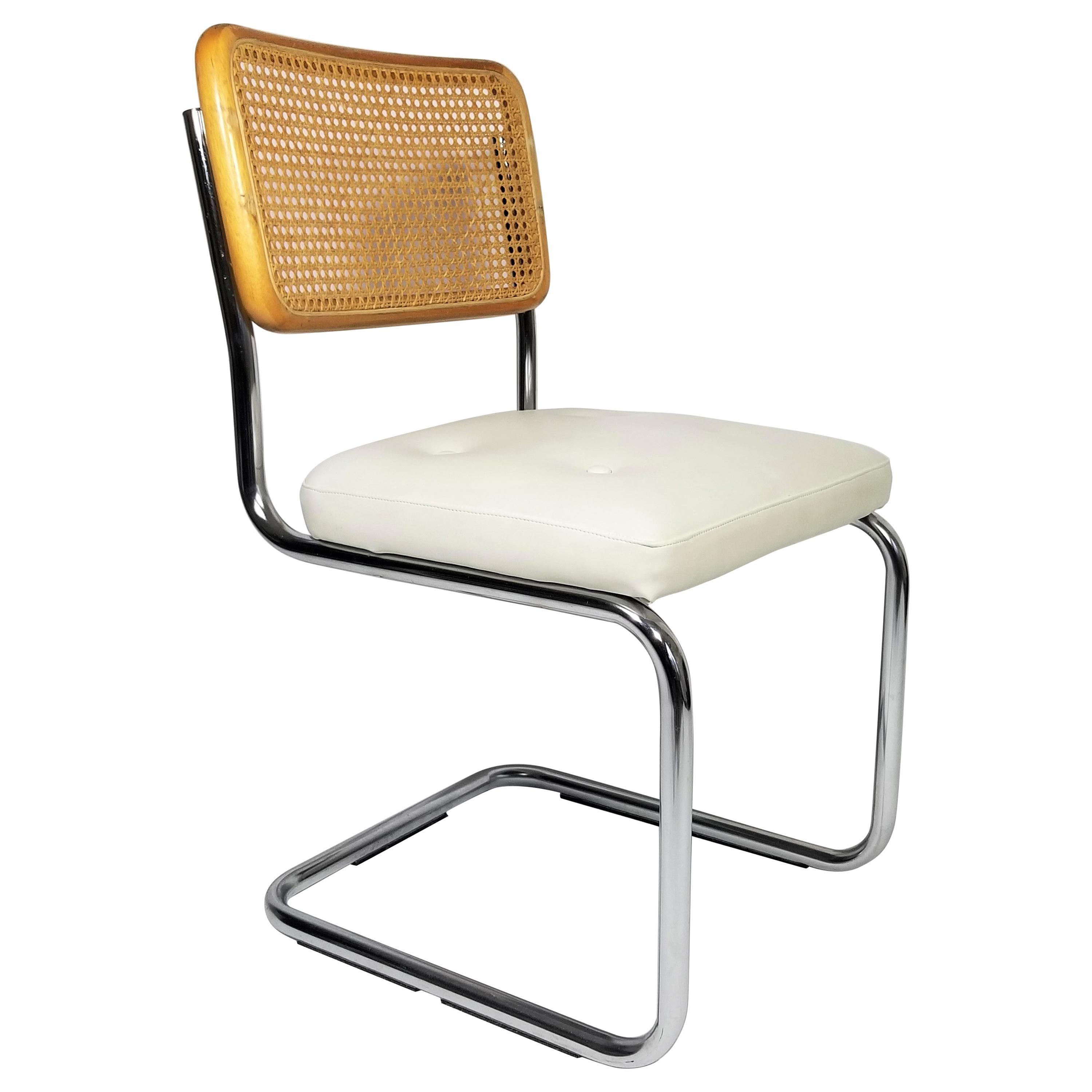 Marcel Breuer Cesca Side Chair Midcentury with White Upholstered