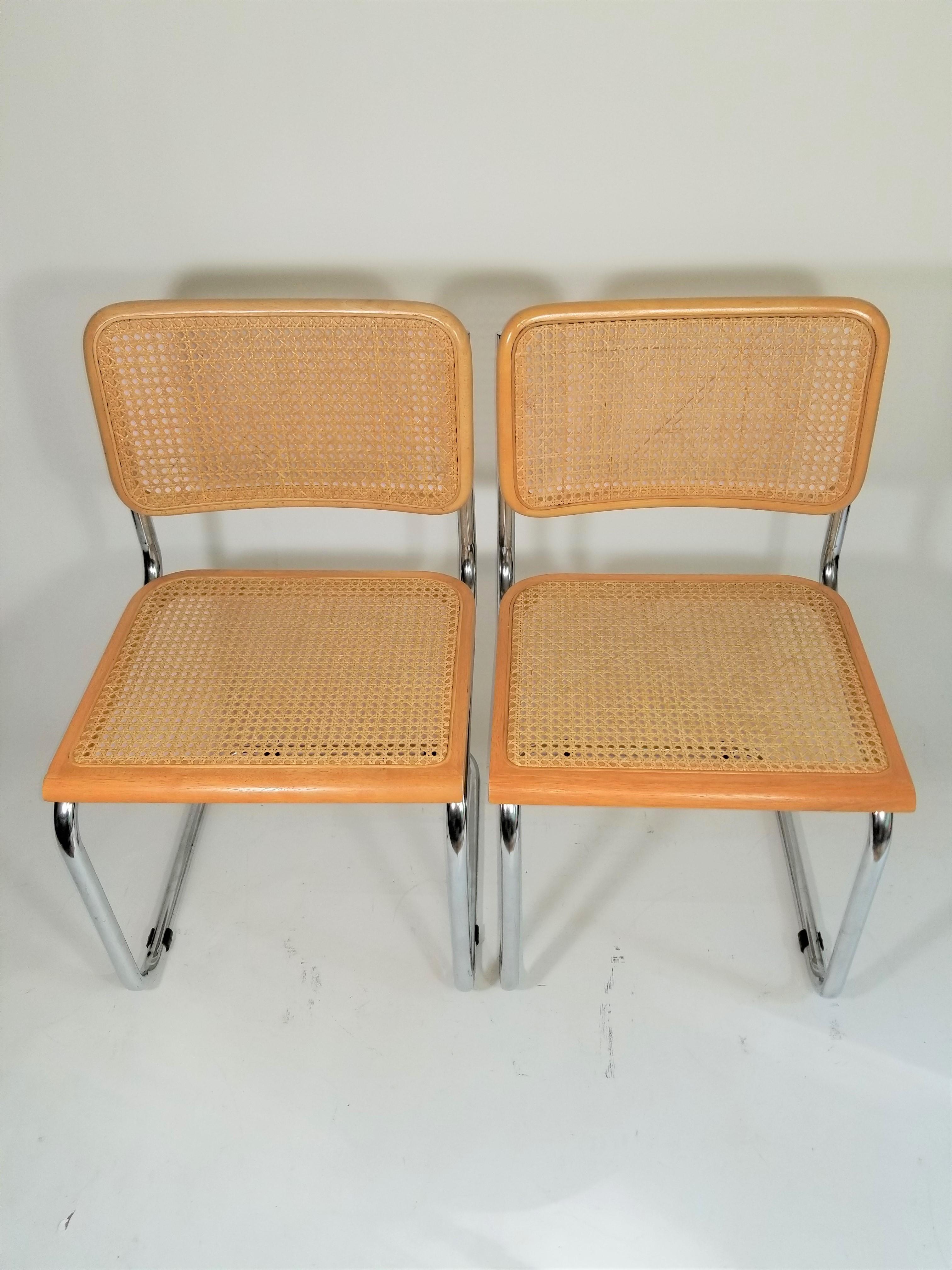 Midcentury pair of Marcel Breuer Cesca side chairs. Cane seats and backs. Classic chrome tubular steel frames.
Complimentary free delivery can me arranged for this item in NYC and surrounding areas.