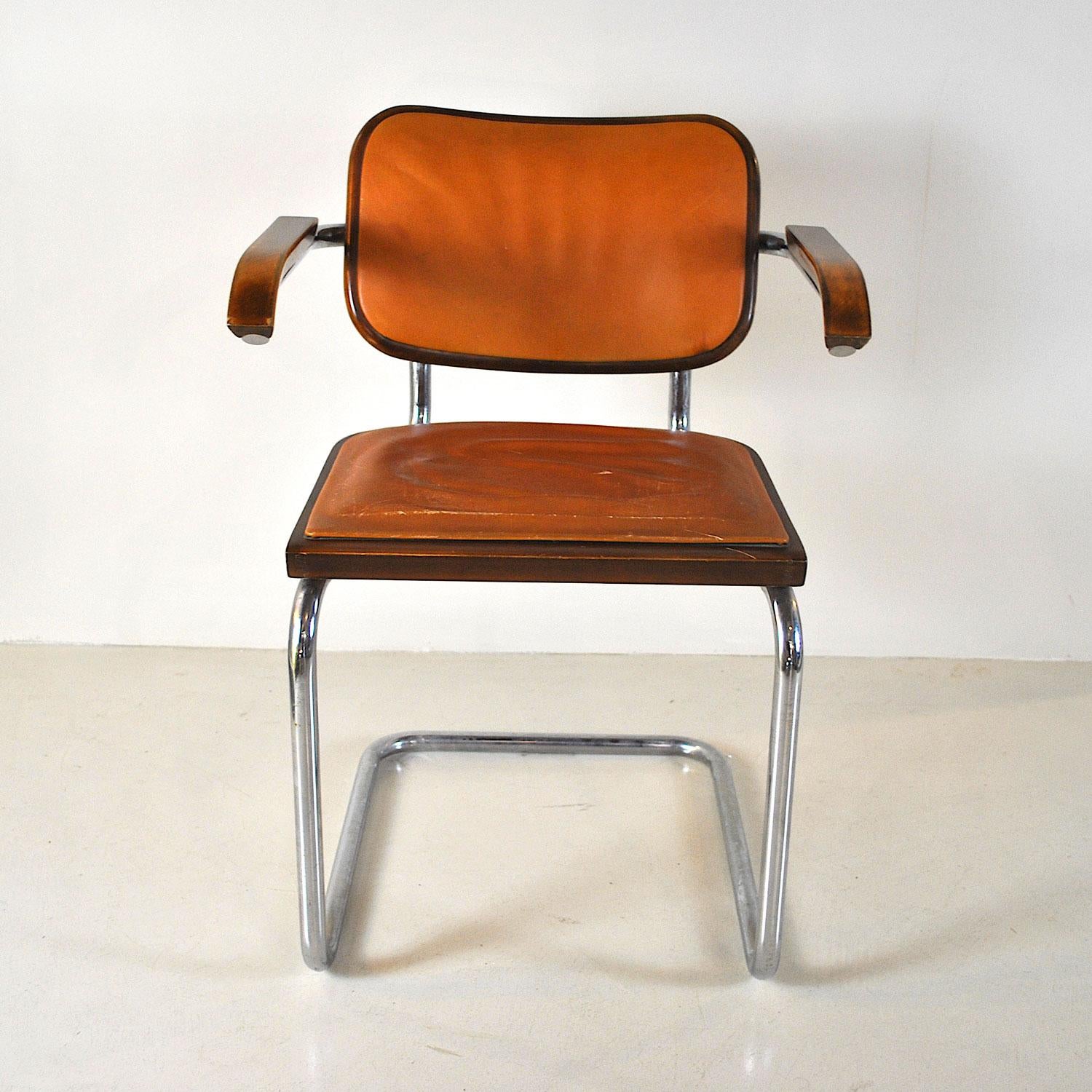 Stuhl im Stil Modell Cesca S64 von Marcel Breuer aus den 1960er Jahren in Holz und Ofenhaut.