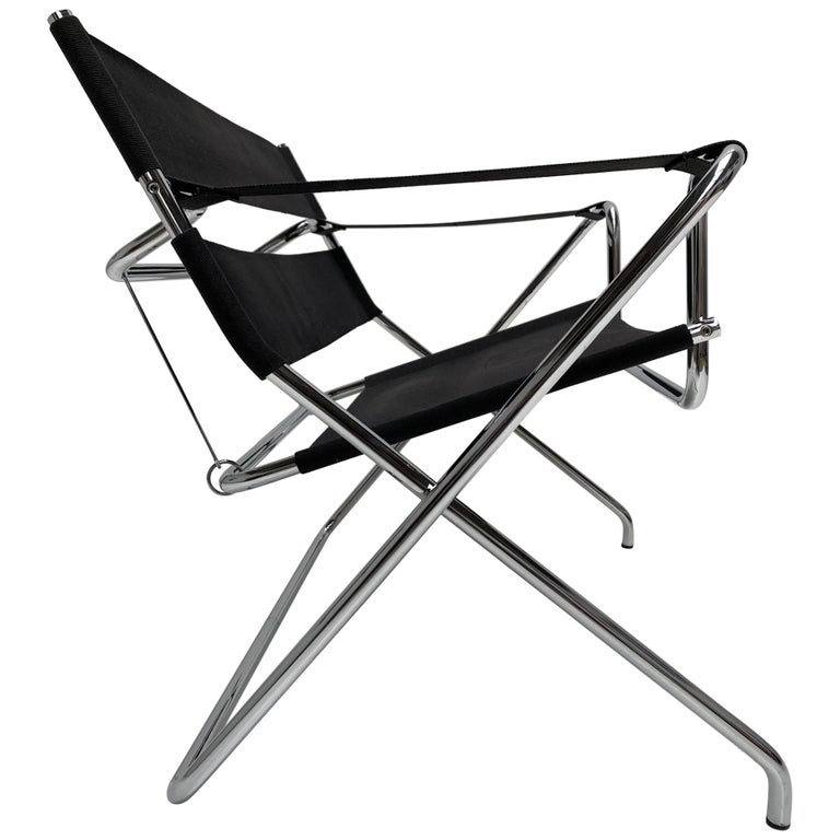 Marcel Breuer D4 Folding Chair Tecta Germany Black Canvas, Chromed Tubular Metal For Sale