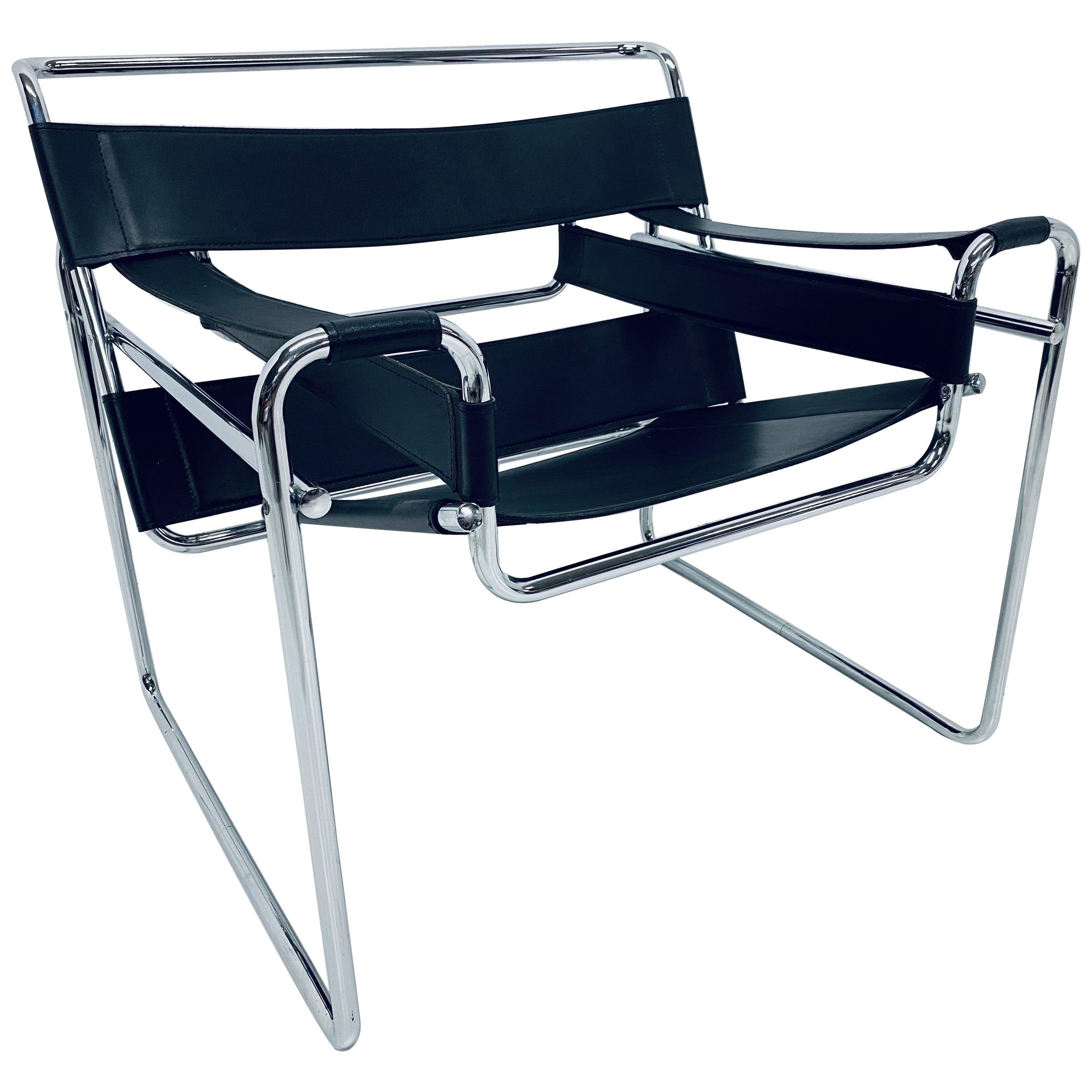 Marcel Breuer Design Style Black Leather "Wassily" Chair