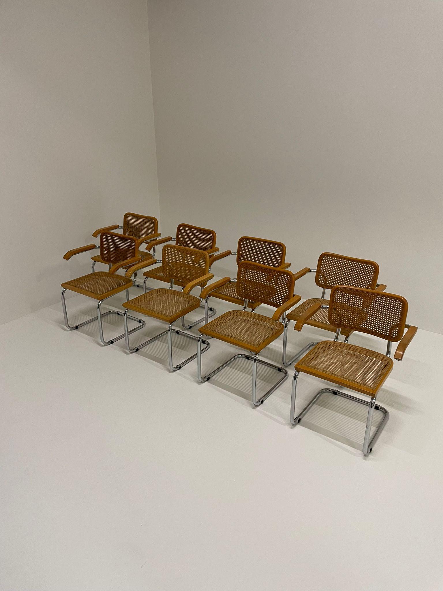 Chairs, Cesca model, designed by Marcel Breuer.
Made in Italy around 1970 by the manufacturer Gavina.

Structure in metal tube, seat and back in wood and rattan.

In good original condition, with slight signs of wear due to age and use,