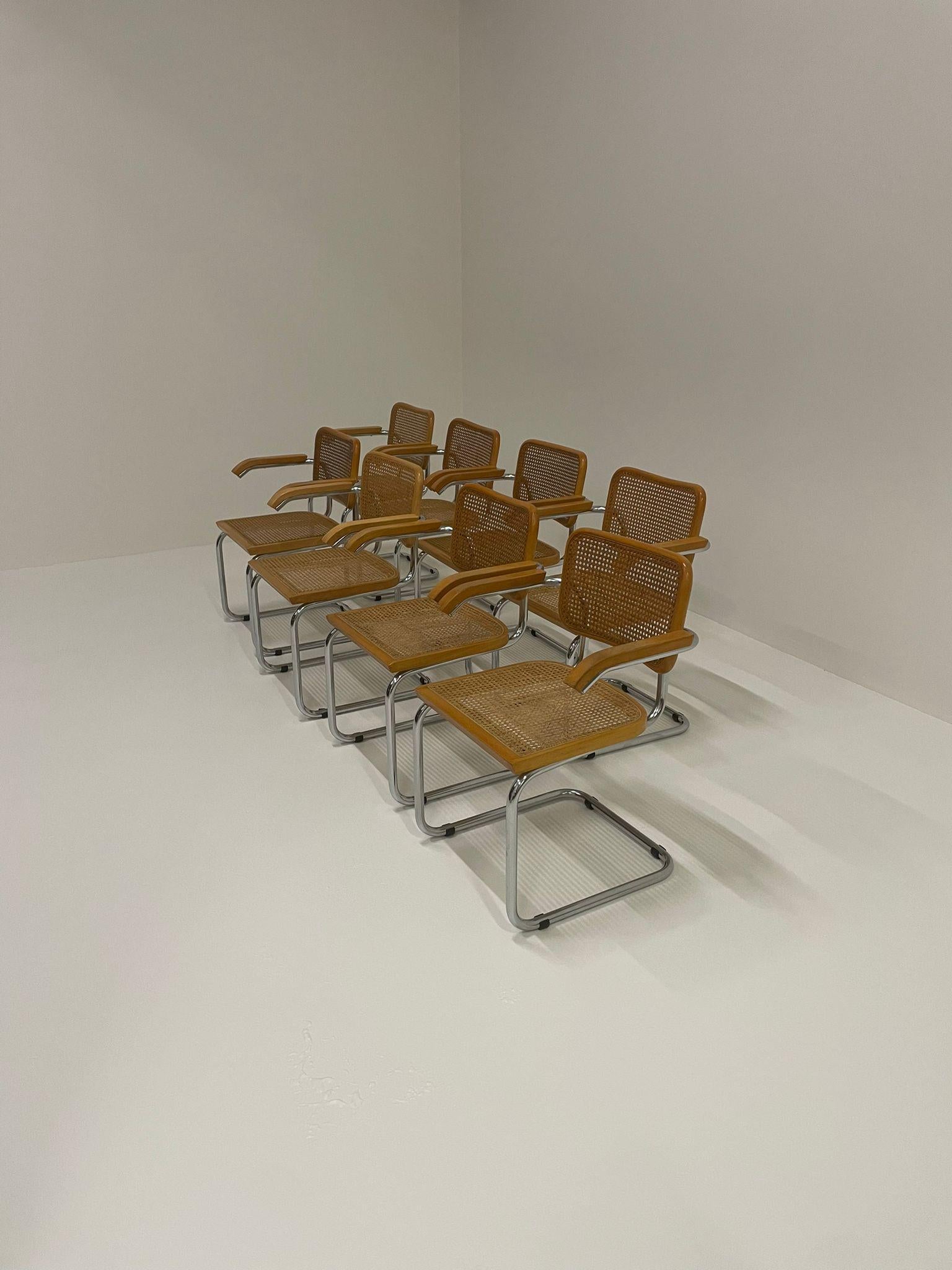 Mid-Century Modern Marcel Breuer Designer Model B64 8 Cesca Chairs by Gavina Italy circa 1970