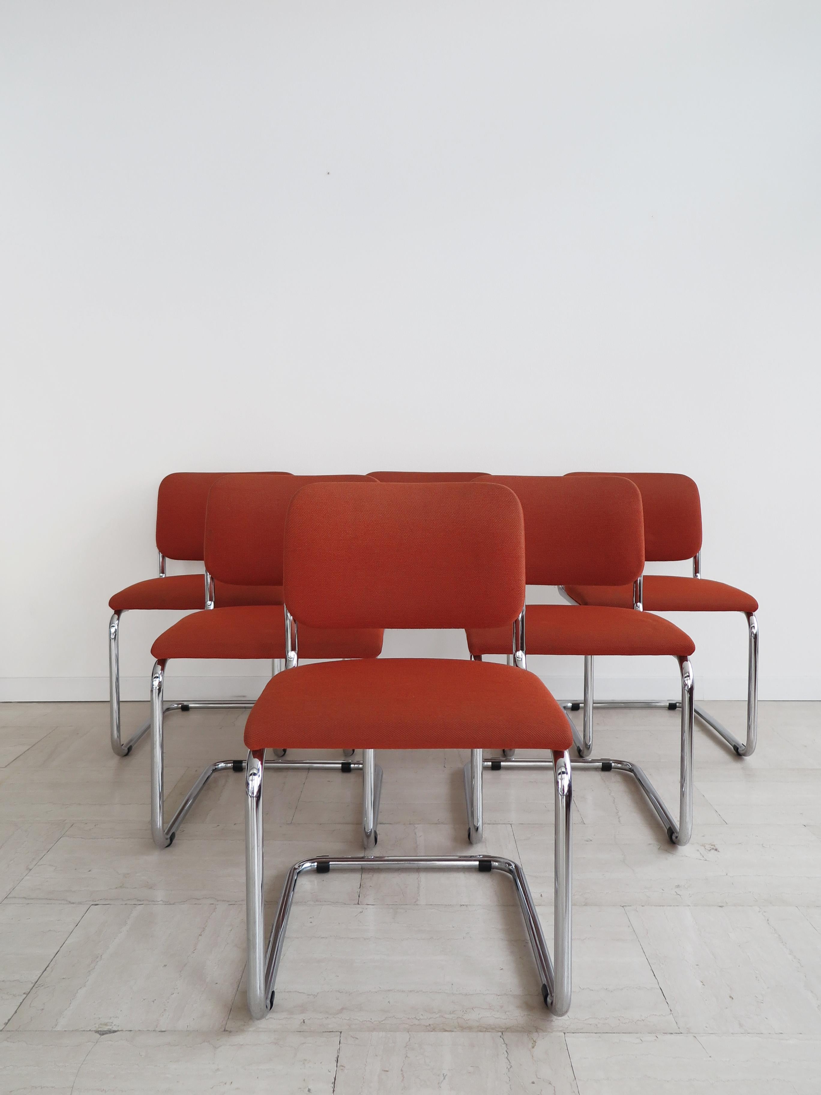 Set of six Italian Mid-Century Modern design dining chairs model “Cesca” designed by Marcel Breuer with curved chromed metal frame and fabric seat and back, original model produced by Gavina since 1960s, original Gavina S.p.A. label under each seat,