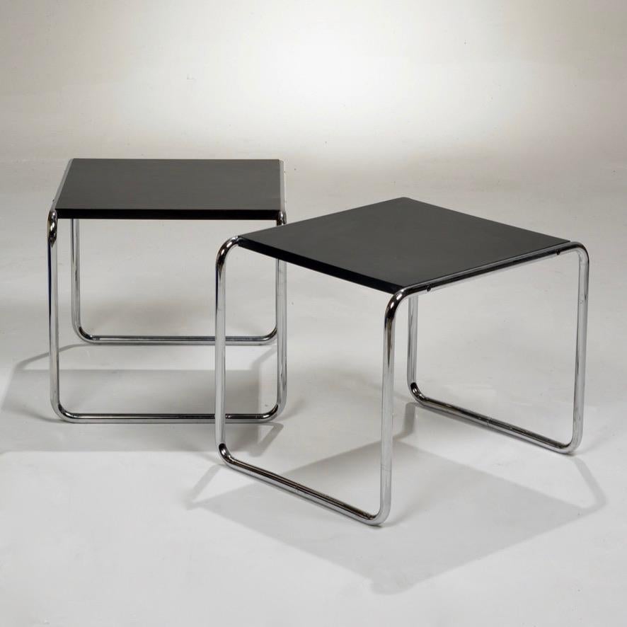 'Laccio' side table designed by Marcel Breuer for Gavina with black laminated wood top with a tubular steel frame. Original makers label on the bottom. 

All items are available to view at our DTLA Arts District Warehouse:
Motley LA 
1909 E 7th