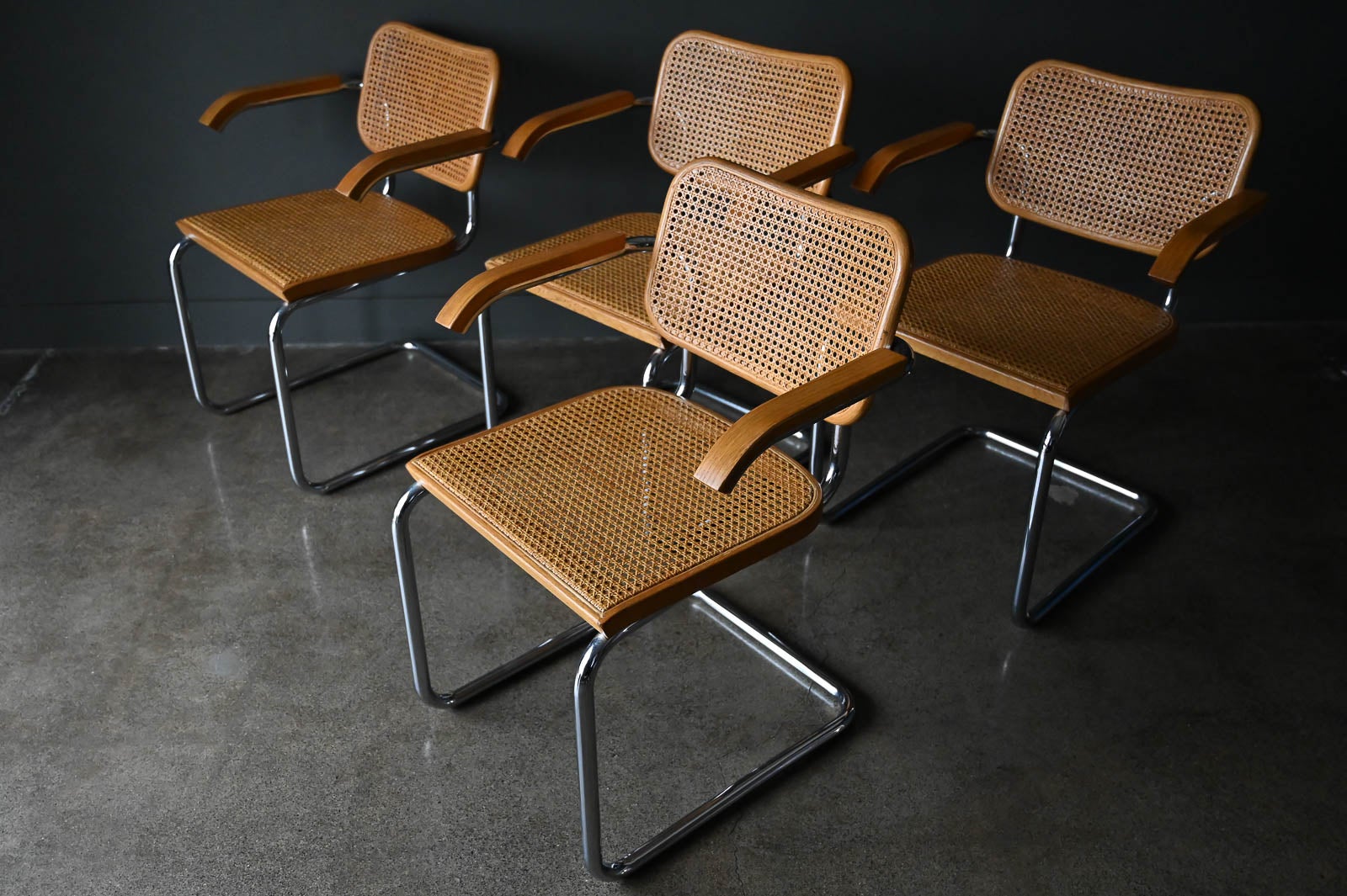 Marcel Breuer for Knoll Cesca Chairs, ca. 1960. Pristine condition, these 4 chairs have the older Knoll label on underside. Cane is perfect and wood frames have no cracks or chips. Hardly used from original owner estate. Originally designed by