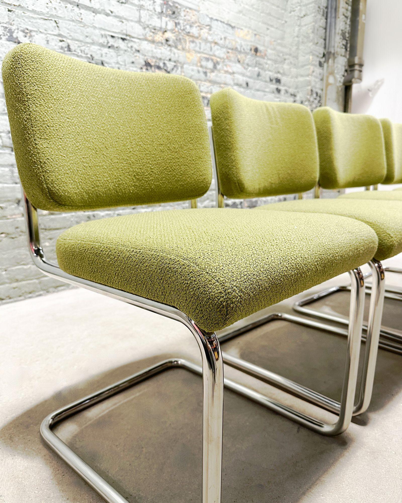 Marcel Breuer for Knoll Cesca Side/Dining Chairs, 1980. There are no more of the green fabric Cesca Chairs.
We have a large quantity of these chairs. You are welcome to send your own COM and we will reupholster at no additional charge or pick a