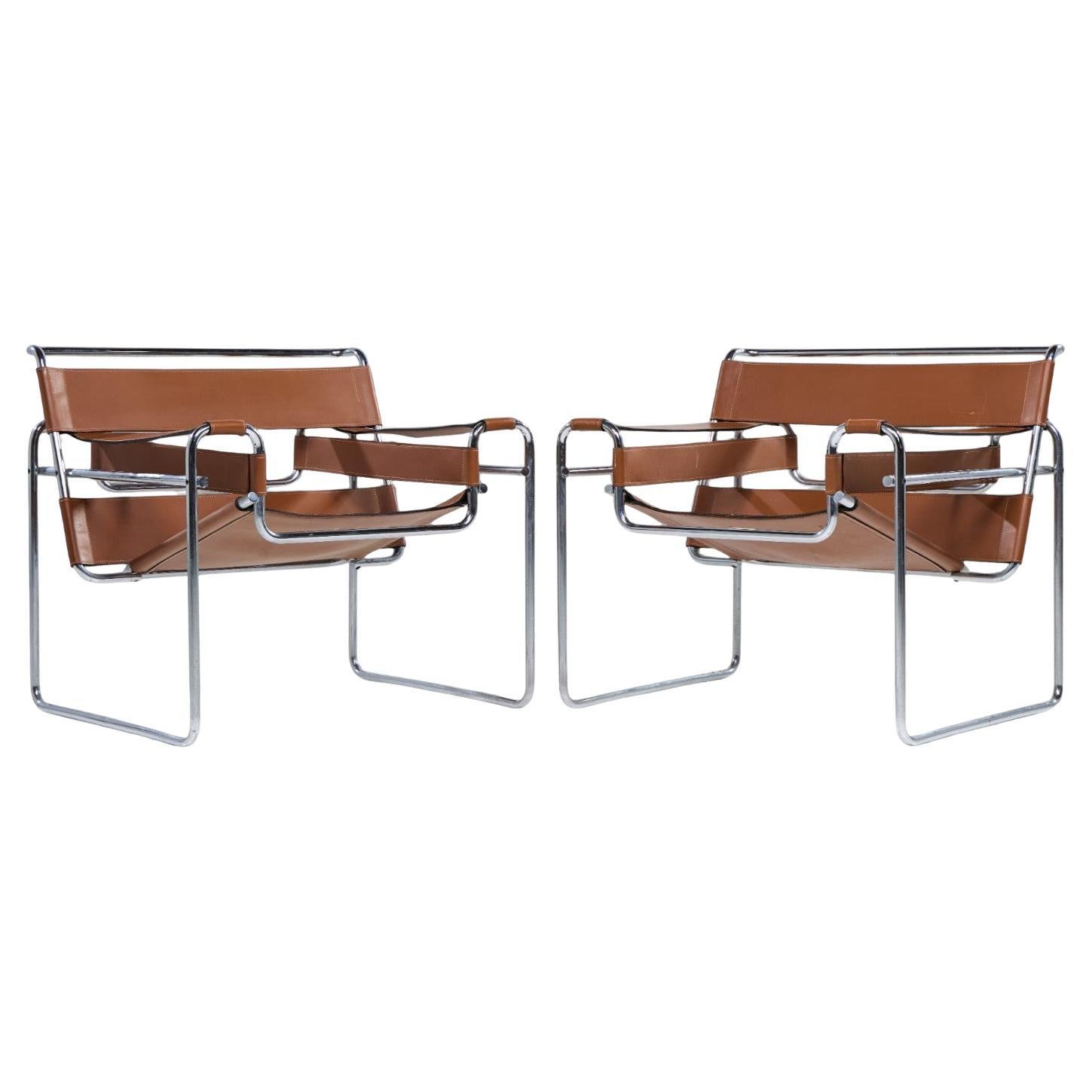 Marcel Breuer para Knoll Sillón Wassily de acero inoxidable y cuero - Pareja