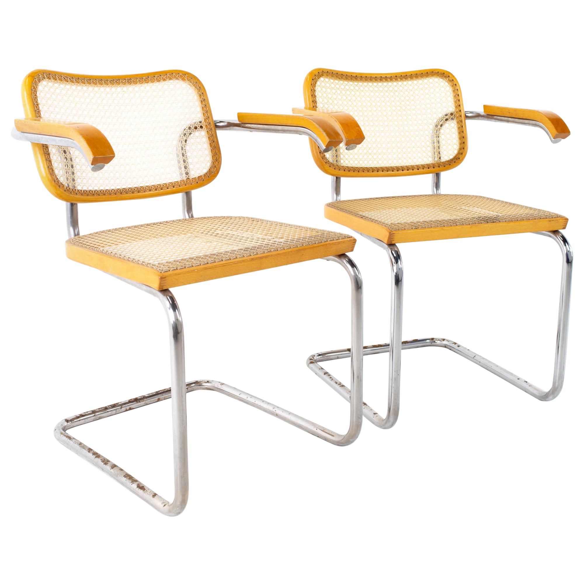 Marcel Breuer for Stendig B64 Style MCM Chrome and Cane Dining Chair, Pair