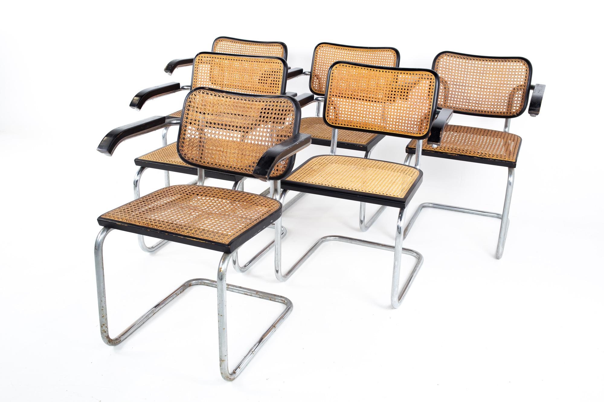 Mid-Century Modern Marcel Breuer for Stendig Mid Century Ebonized and Cane Back Dining Chairs, Set