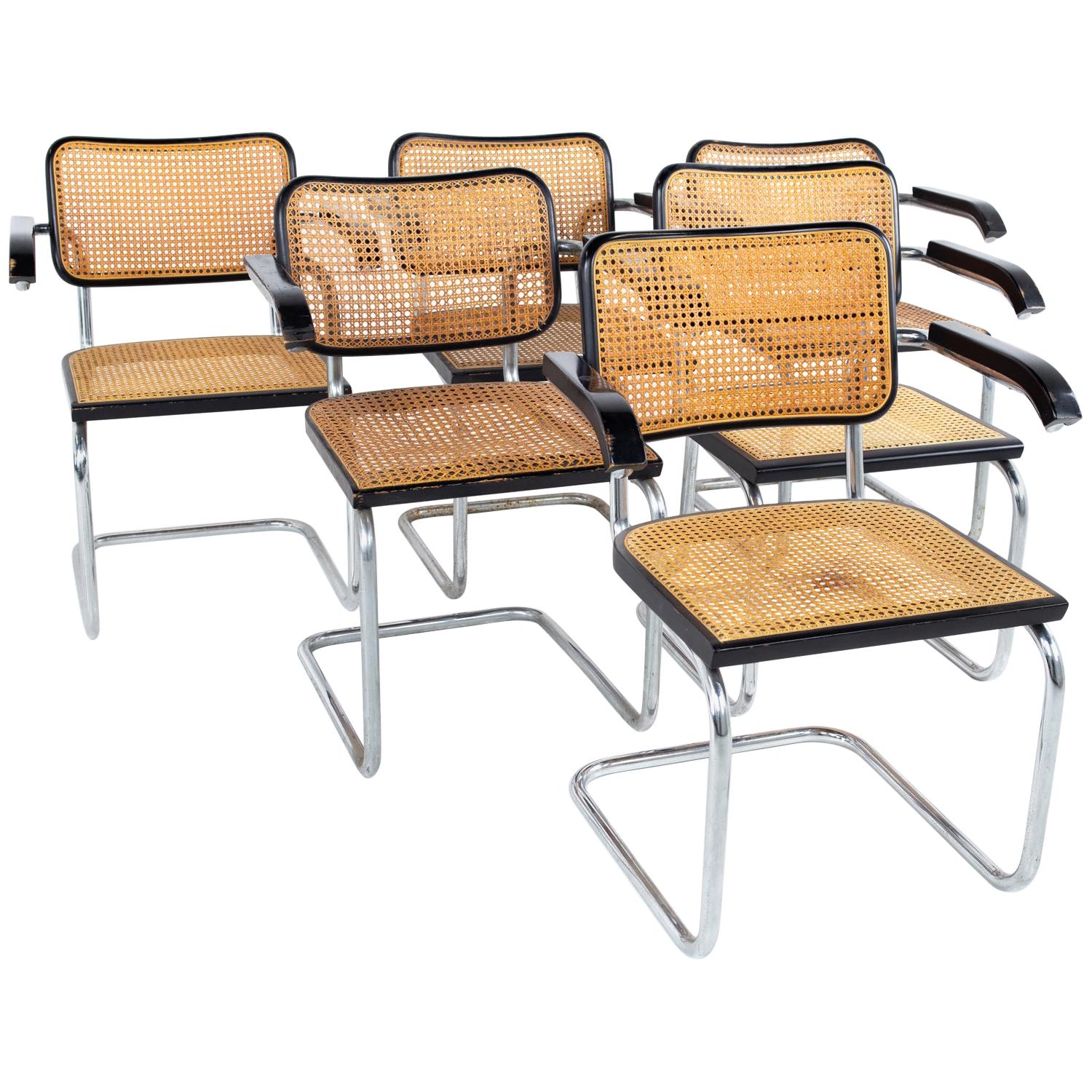 Marcel Breuer for Stendig Mid Century Ebonized and Cane Back Dining Chairs, Set