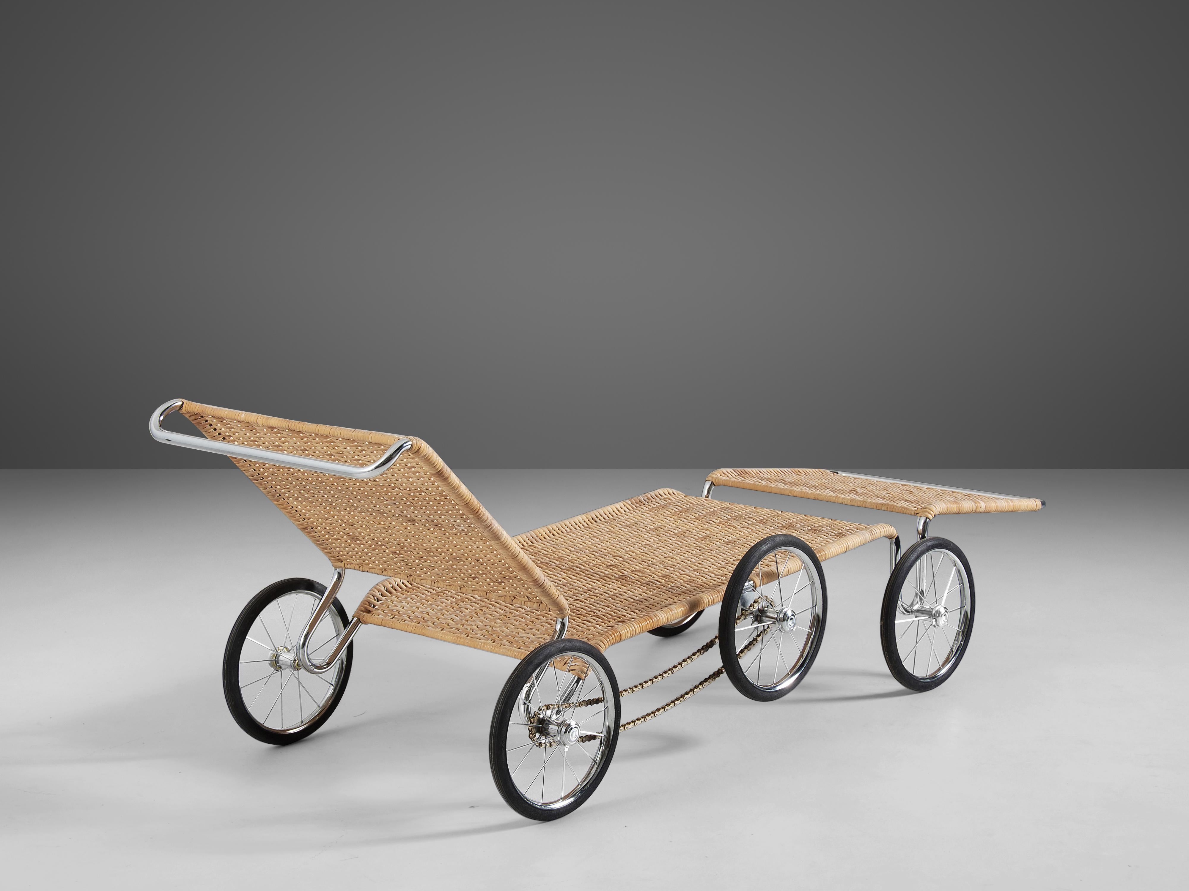 Marcel Breuer for Tecta, chaise loungeF41E, steel, wicker, Germany, 1980s

The design of the iconic F41 chaise lounge on wheels dates back to the year 1928 when Marcel Breuer drew the first sketches. In the time when tubular steel got introduced