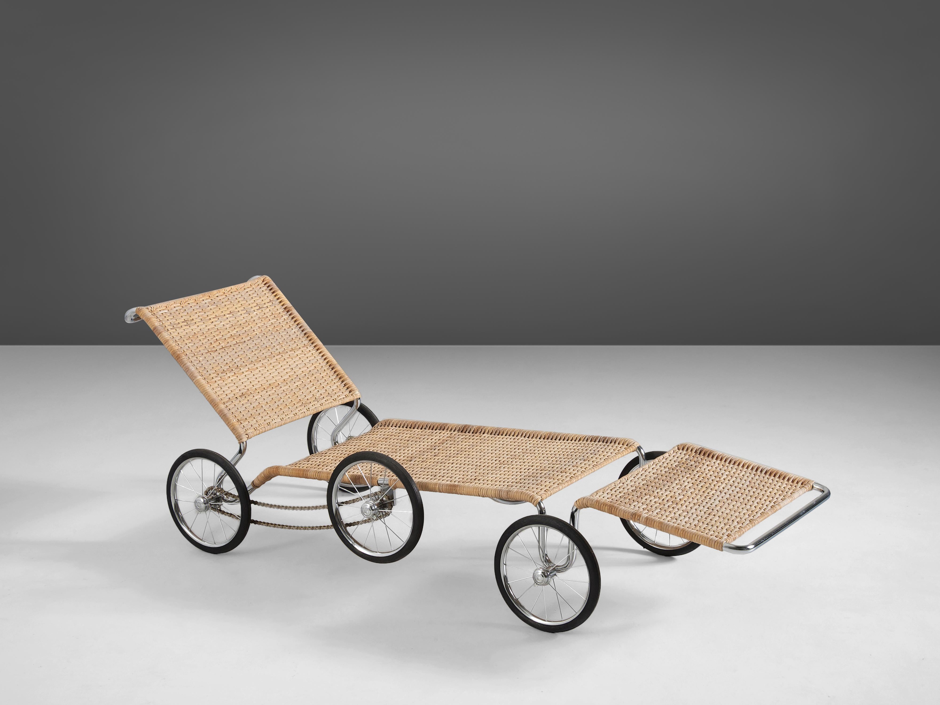 Marcel Breuer for Tecta, 'The Mobile Manifesto' chaise longue, model F41-E, cane wicker, steel, rubber, Germany, designed circa 1928 and manufactured 1984

This design by Hungarian-born modernist architect and furniture designer Marcel Breuer