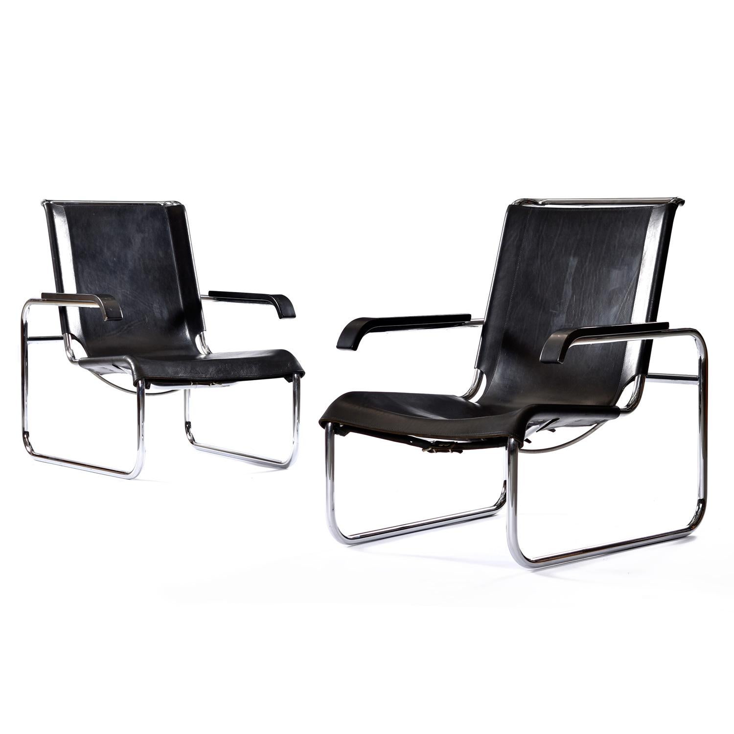 Marcel Breuer For Thonet B35 Cantilever Leather Sling Lounge Chairs Set of 2 en vente 4