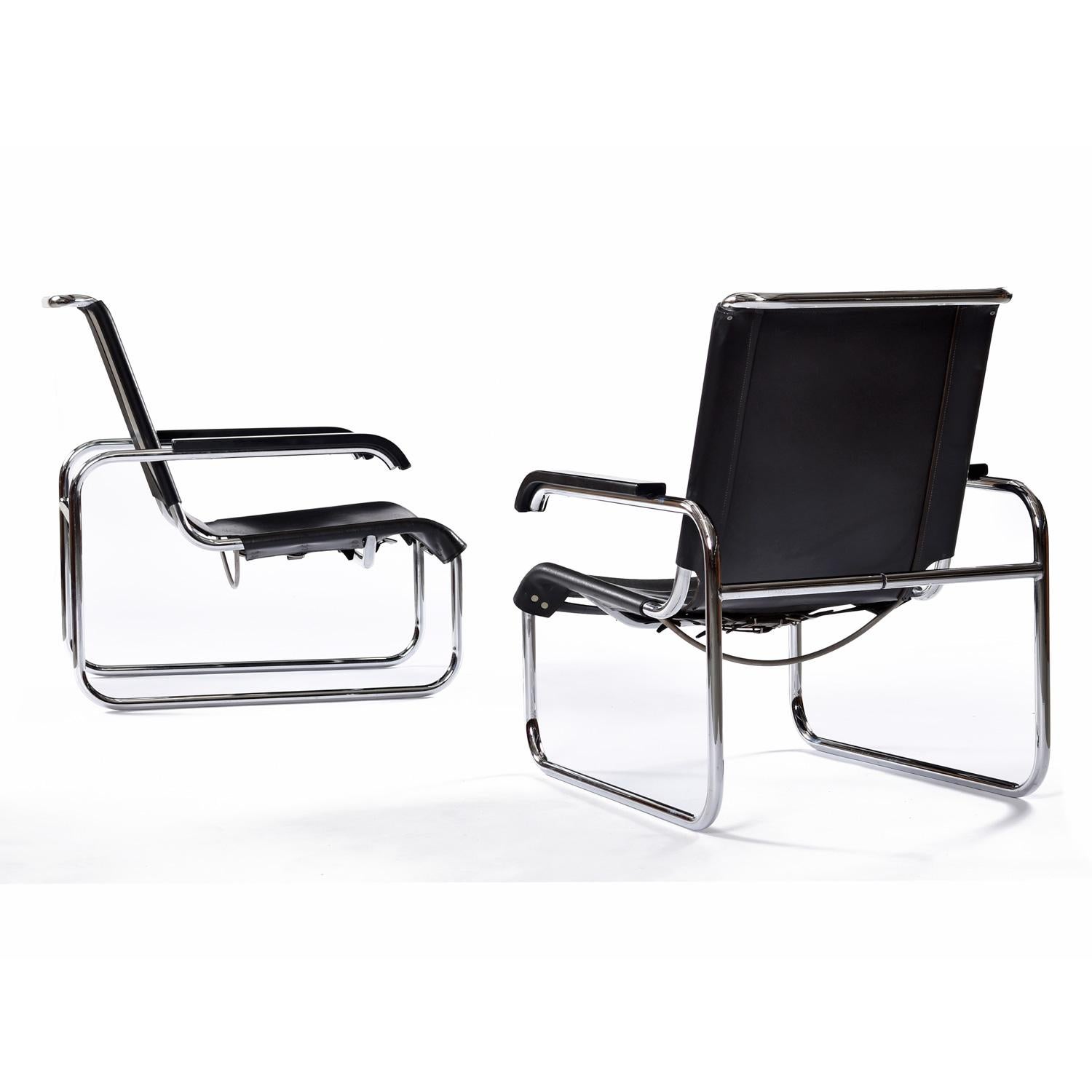 German Marcel Breuer For Thonet B35 Cantilever Leather Sling Lounge Chairs Set of 2 For Sale