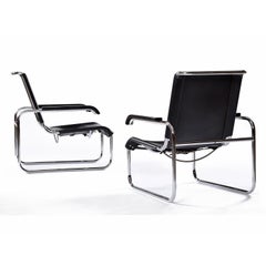 Marcel Breuer For Thonet B35 Cantilever Leather Sling Lounge Chairs Set of 2