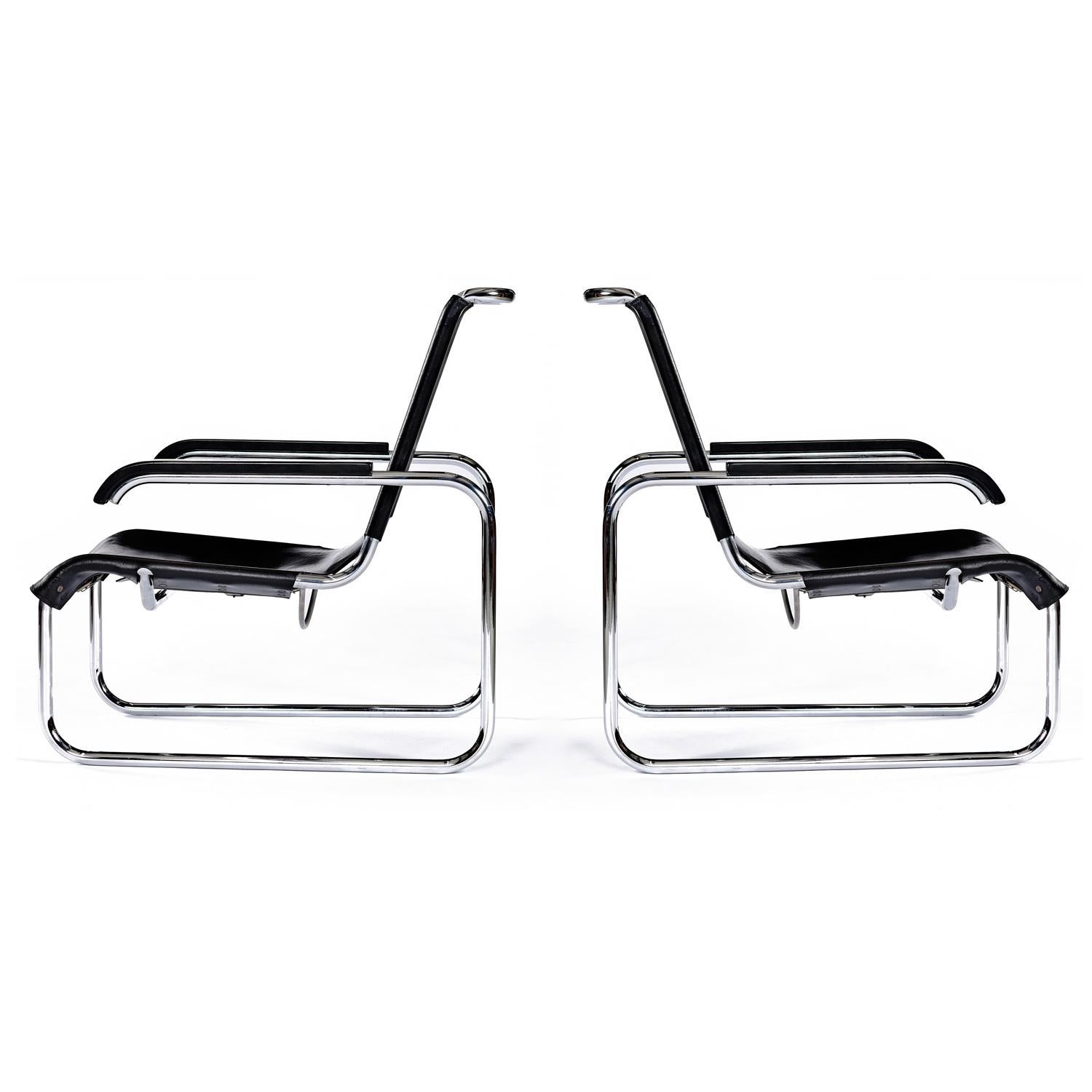 Mid-Century Modern Marcel Breuer For Thonet B35 Cantilever Leather Sling Lounge Chairs Set of 2 en vente
