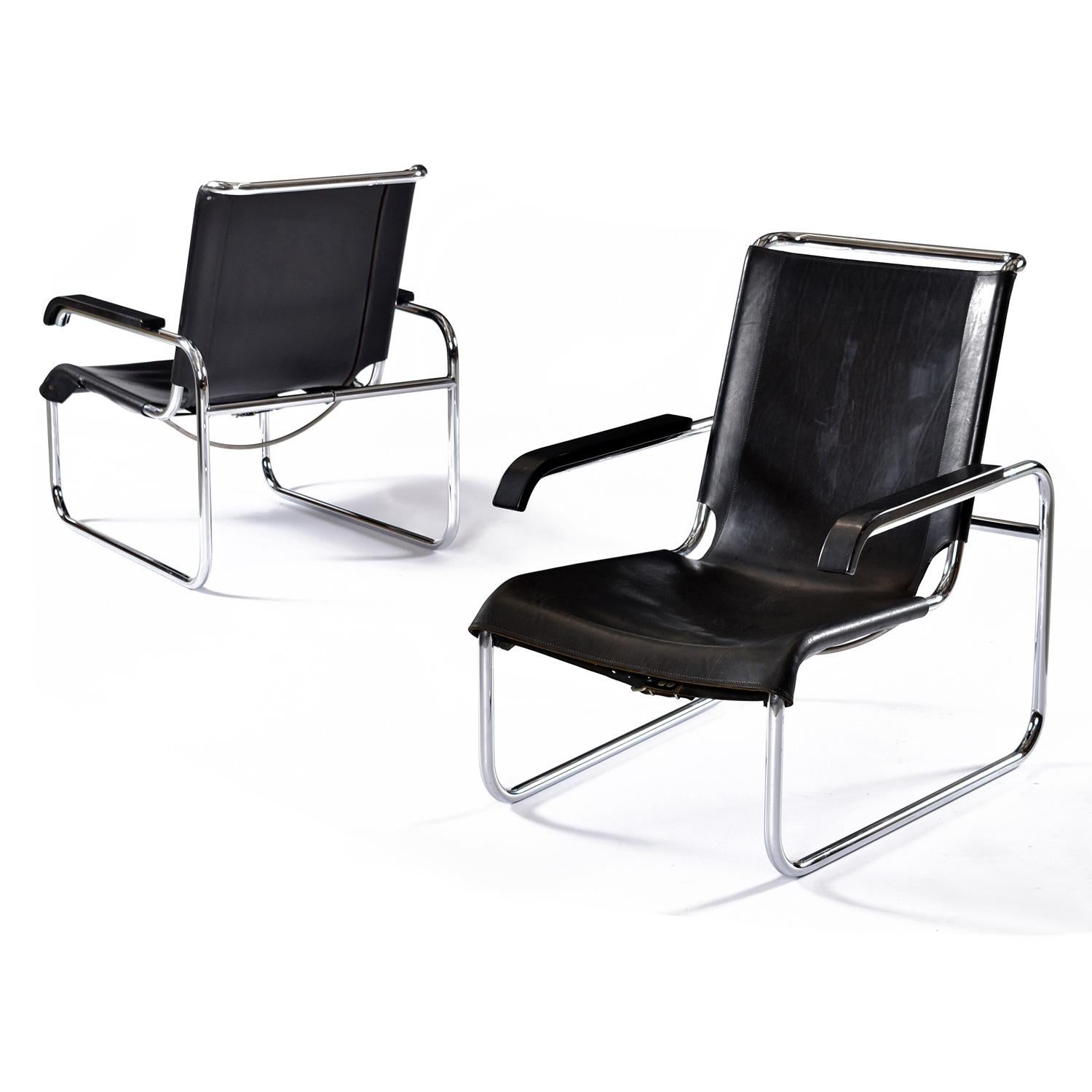 Allemand Marcel Breuer For Thonet B35 Cantilever Leather Sling Lounge Chairs Set of 2 en vente