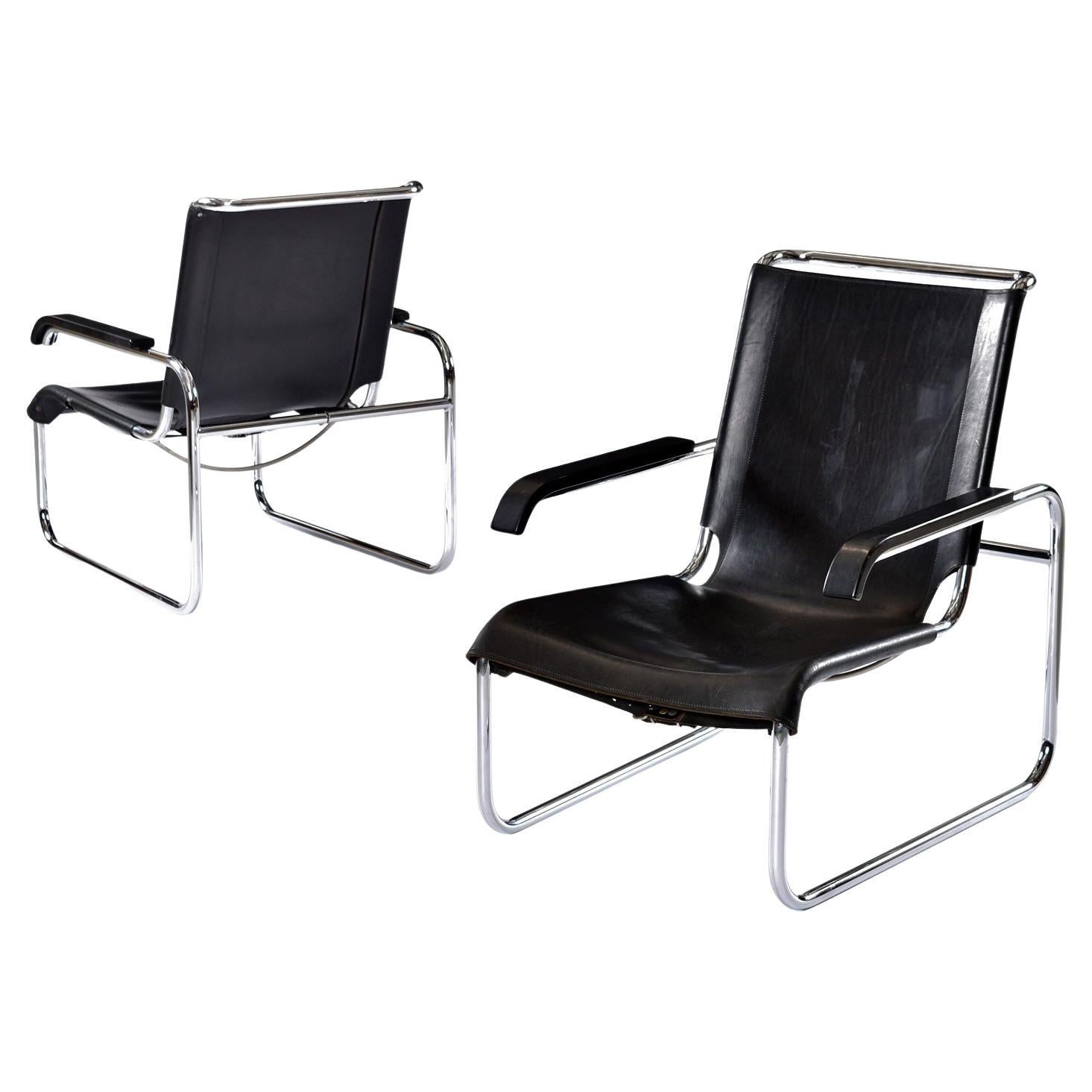 Bauhaus Marcel Breuer For Thonet B35 Cantilever Leather Sling Lounge Chairs Set of 2 For Sale