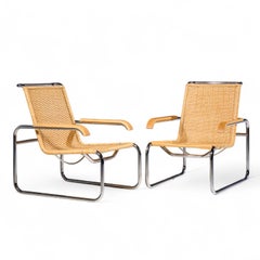 Marcel Breuer for Thonet B35 Mid Century Chrome and Rattan Lounge Chairs - Pair