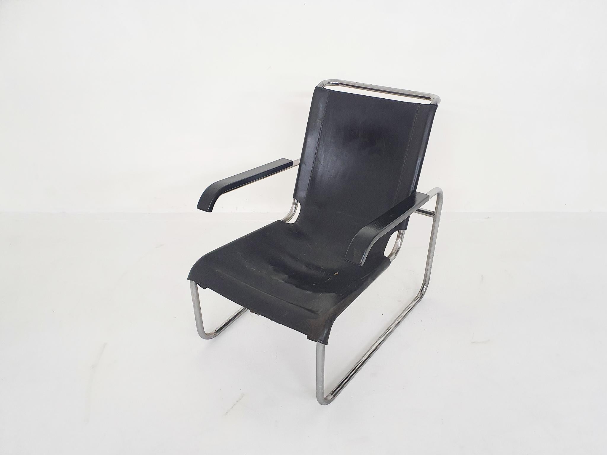 Mid-Century Modern Marcel Breuer for Thonet Model S 35 Black Leather Tubular Lounge Chair, Germany