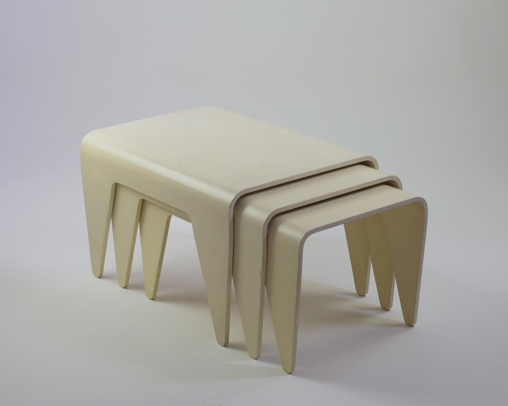 Marcel Breuer, Hungary (designer)

‘Isokon Nesting Tables’

Designed 1936 for the Isokon Furniture Company, this set manufactured c. 1968 as part of a licenced edition by John Alan Designs

Cream-white painted plywood

H 61 cm, W 46 cm, D 38 cm; Wt