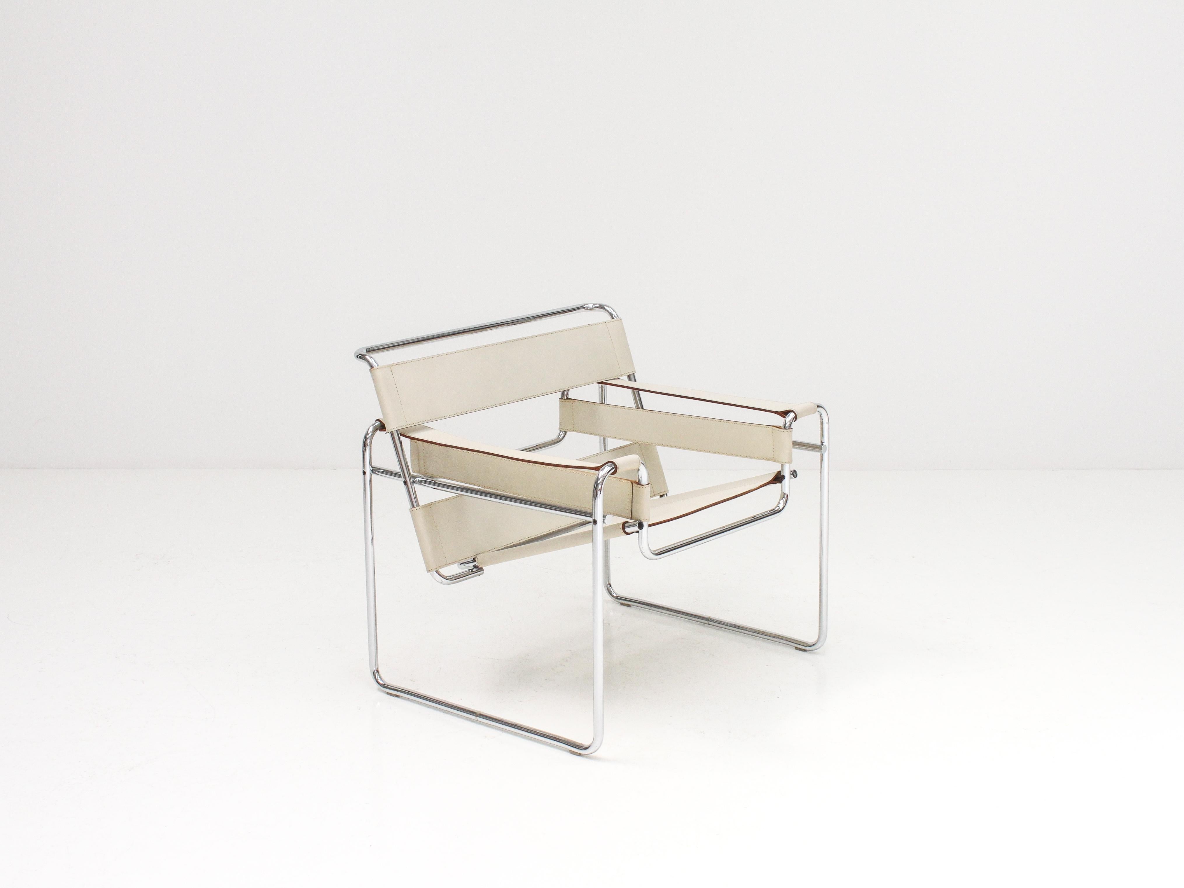 A fine and rare ivory-colored Marcel Breuer 'Wassily' chair, produced before 1968 in Italy by Gavina. 

In 1968 Gavina was sold to the American company Knoll and the Bologna brand ceased to trade meaning this is a hard to find item, even more so