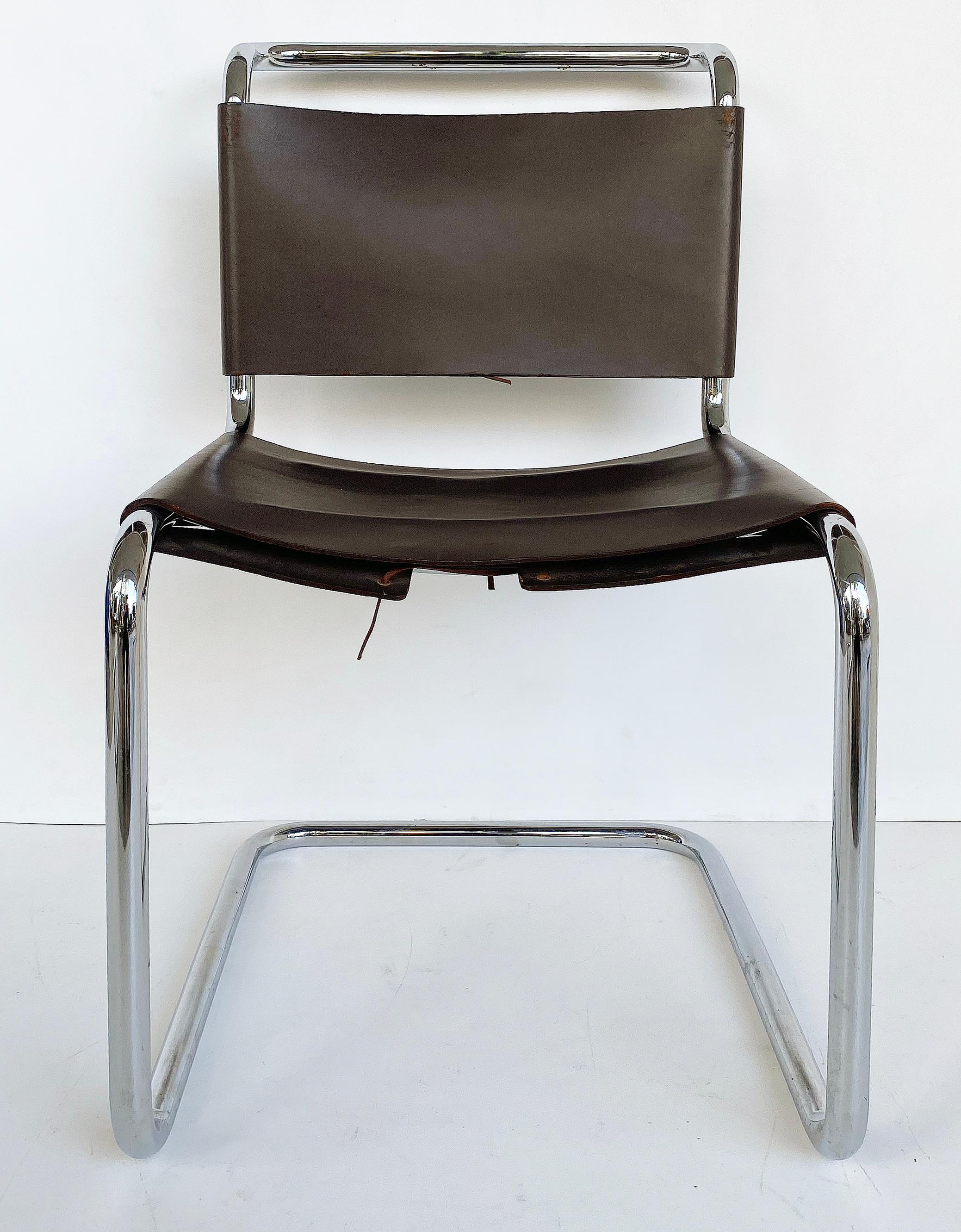 Marcel Breuer Knoll B-33 cantilever chrome dining chairs

Offered for sale is a set of eight (8) Marcel Breuer-designed tubular chrome cantilevered B-33 dining chairs upholstered with chocolate brown leather sling and corseted seats and backs.