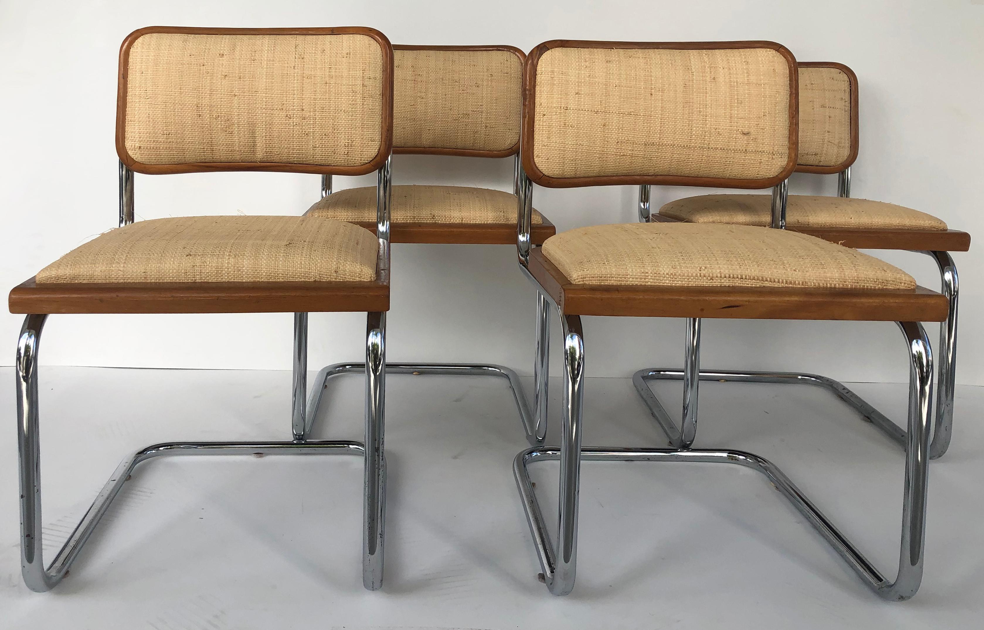 Marcel Breuer Knoll chrome Cesca chairs upholstered in Raffia, set of four

Offered is a set of four Marcel Breuer Cesca tubular chrome side chairs with brand new raffia upholstery.