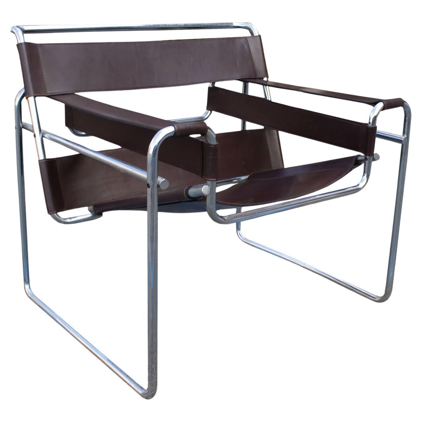 Marcel Breuer Knoll “Wassily” Brown Leather and Chrome Chair