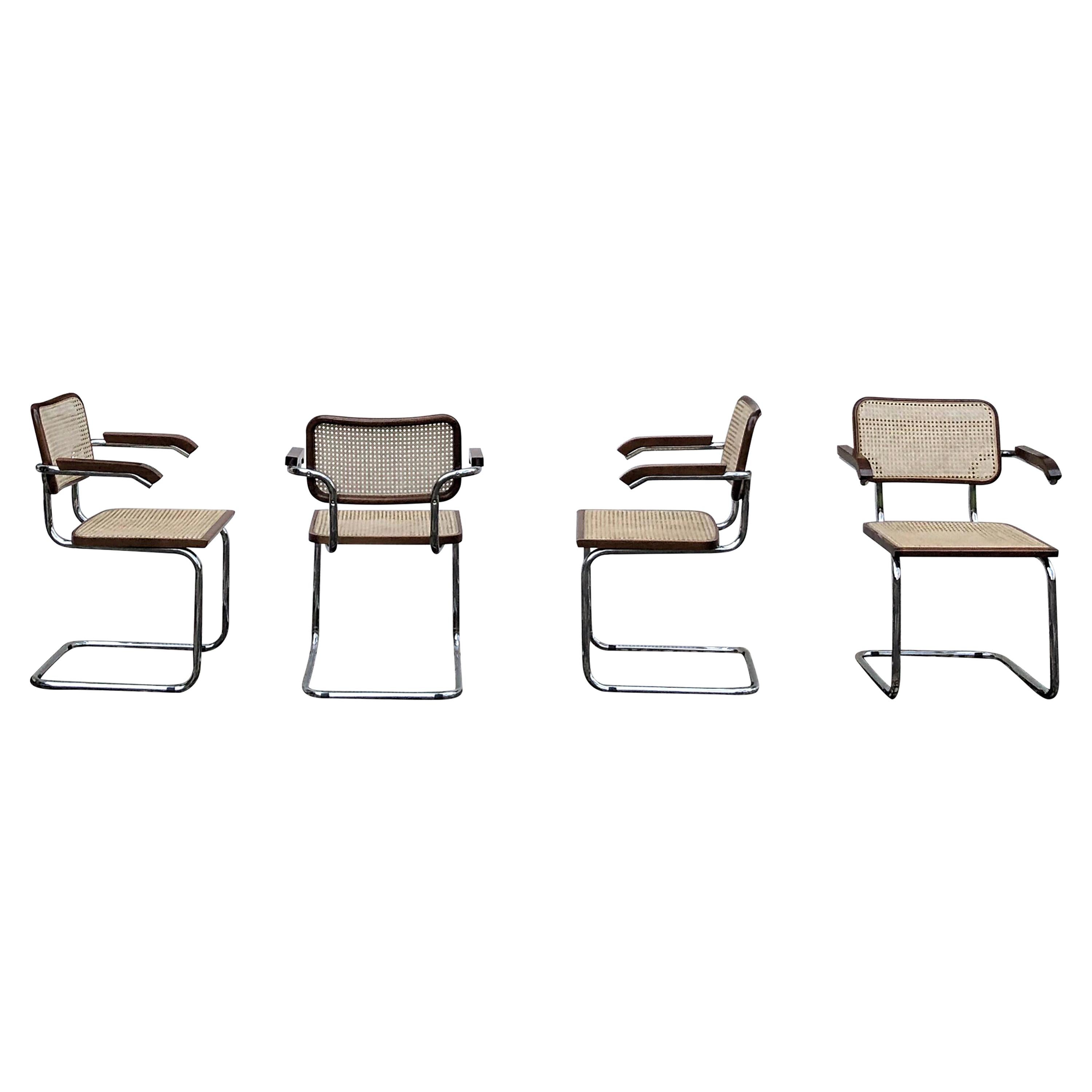 Beautiful set of four B64 “Cesca” dining chairs made in Italy in the 1970s.
Cesca chairs were initially designed in 1928 by French Hungarian architect Marcel Breuer and named after his daughter Francesca.
Modernist, architect, and furniture designer