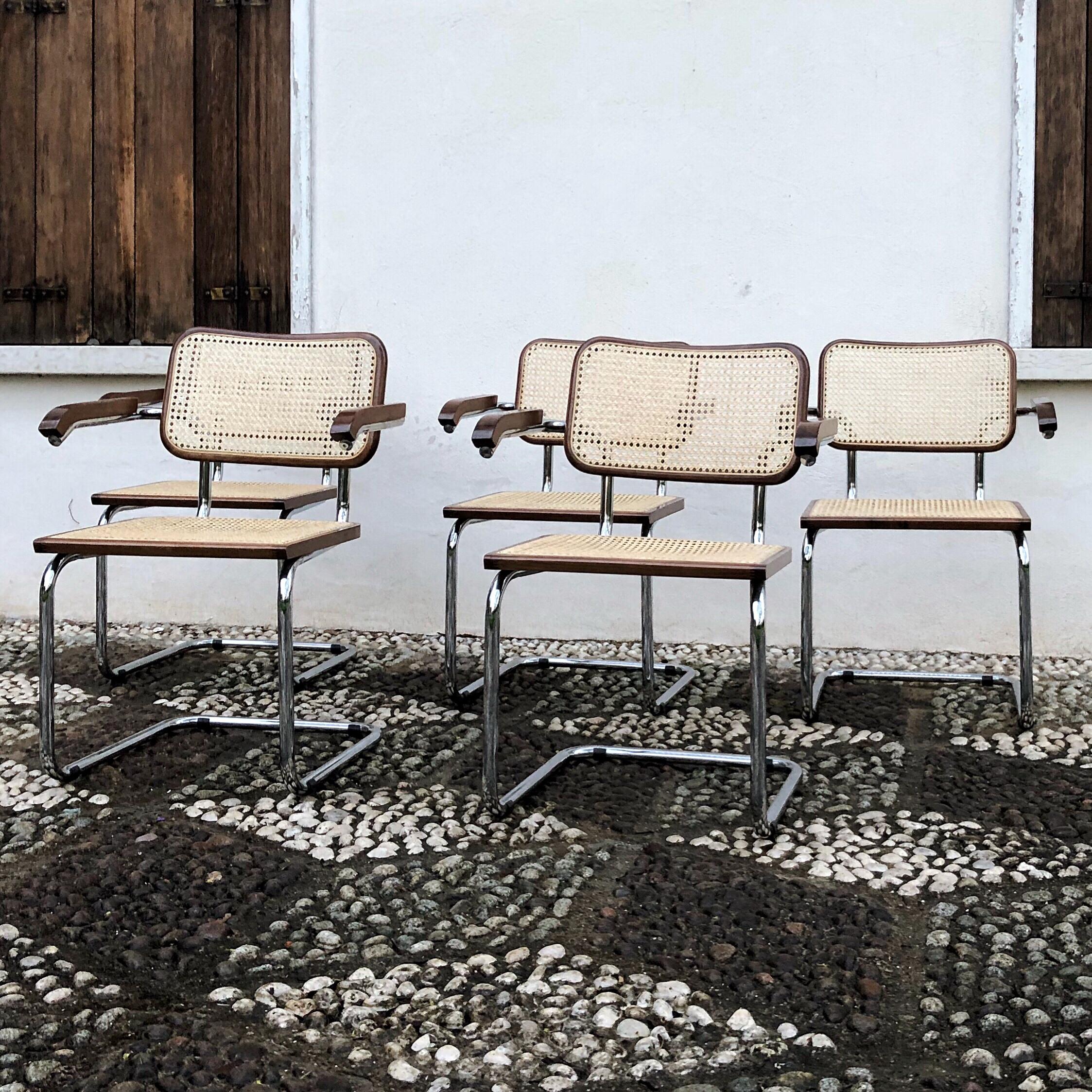Italian Marcel Breuer Made In Italy B64 Cesca Dining Room Arm Chair, 1970s, Set of 4 For Sale
