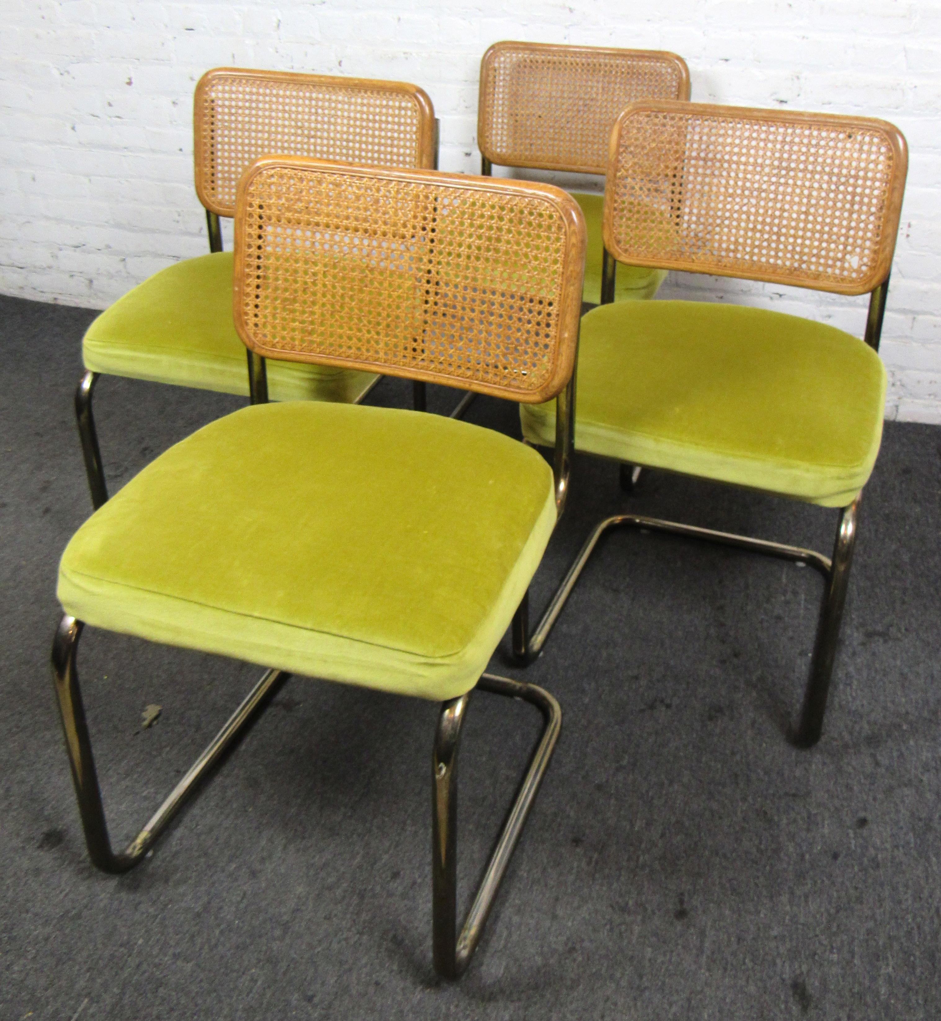 Cesca chairs by Marcel Breuer with cantilever metal frames and cane backs. Comfortable upholstered seats for dining or living room use.
(Please confirm location NY of NJ).