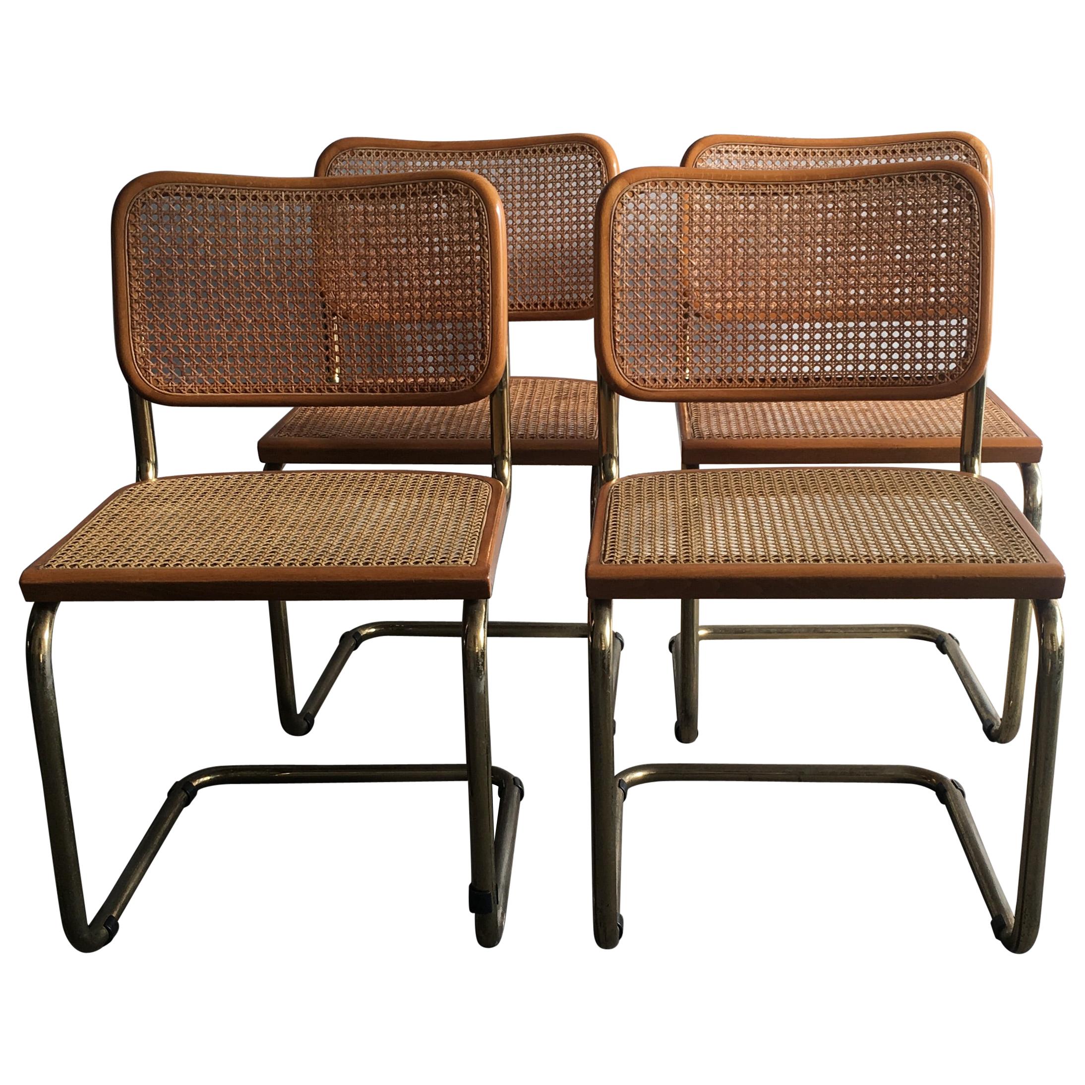 Marcel Breuer Mid-Century Modern Italian Set of 4 Gilt Metal "Cesca" Chairs