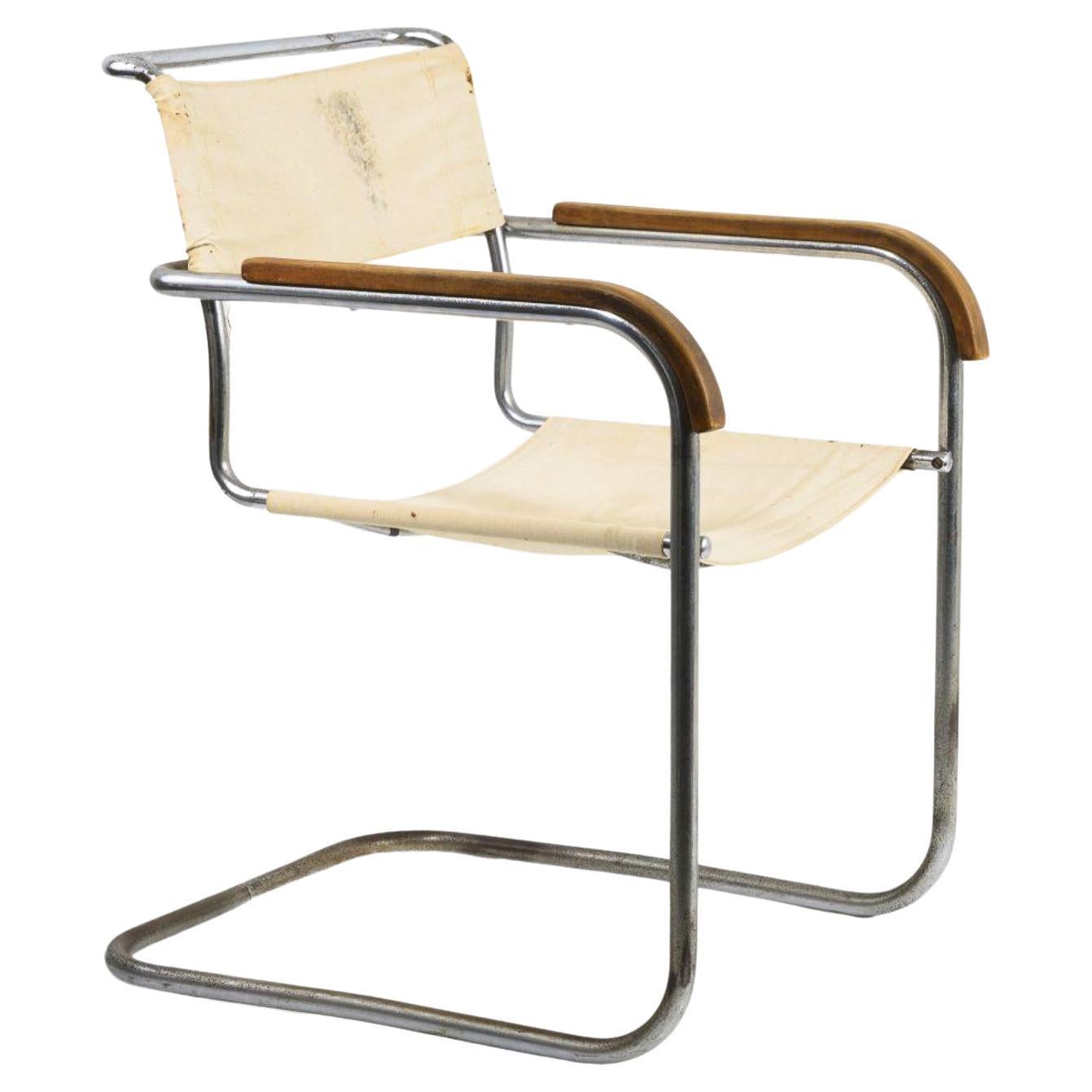 Marcel Breuer Model "B 34" Chair in Steel, Canvas & Beech Wood, Thonet 1930s