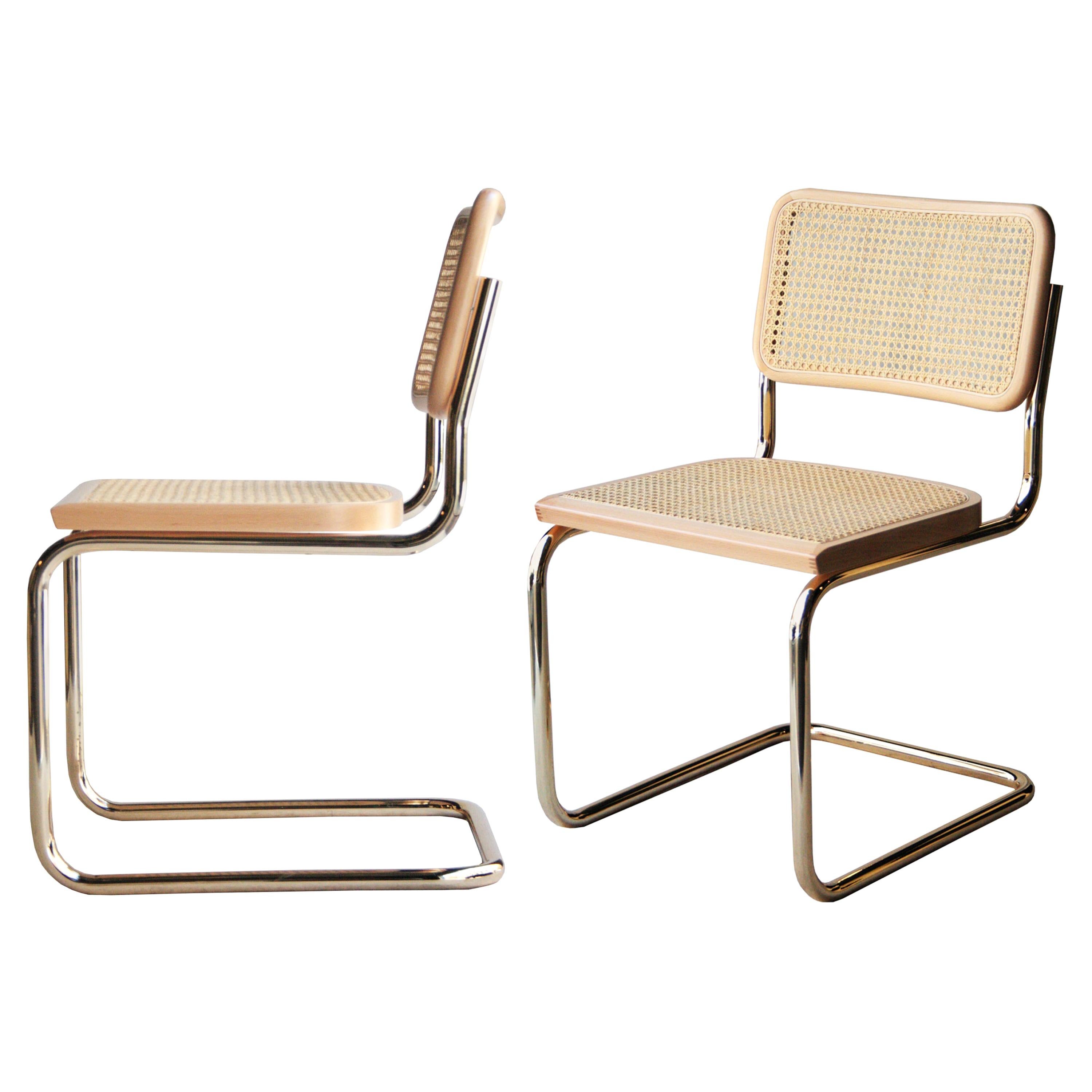 Set of 6 Cesca chairs designed by Marcel Breuer in 1962 and produced in Spain during de 1960s by MYC under the license of Gavina. Brassed tubular structure, oakwood frame with braided natural fiber seat and back.
 