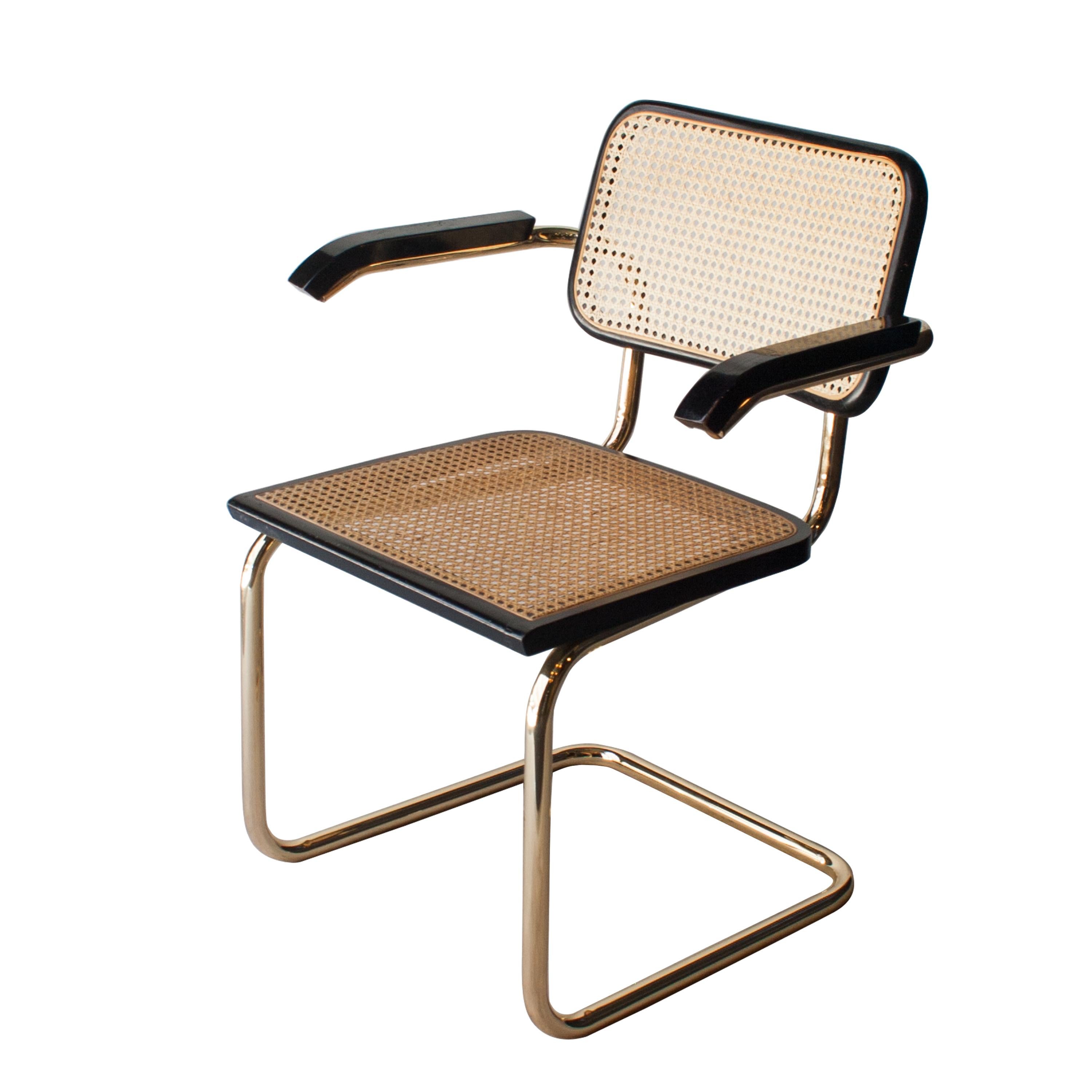 Mid-Century Modern Marcel Breuer MYC Gavina Gold Black Oak Wood Cesca Brass Chair, Italia, 1960
