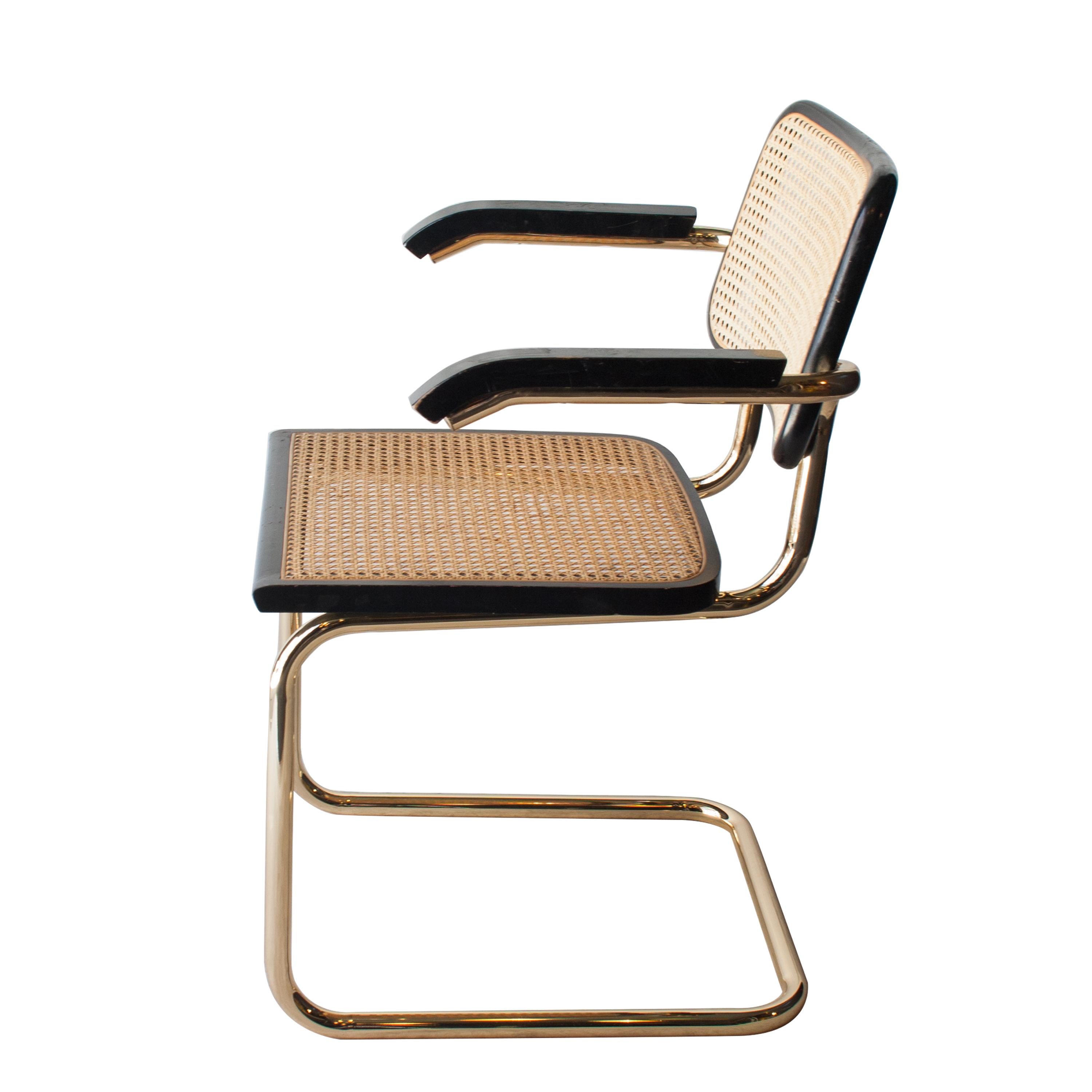 Italian Marcel Breuer MYC Gavina Gold Black Oak Wood Cesca Brass Chair, Italia, 1960