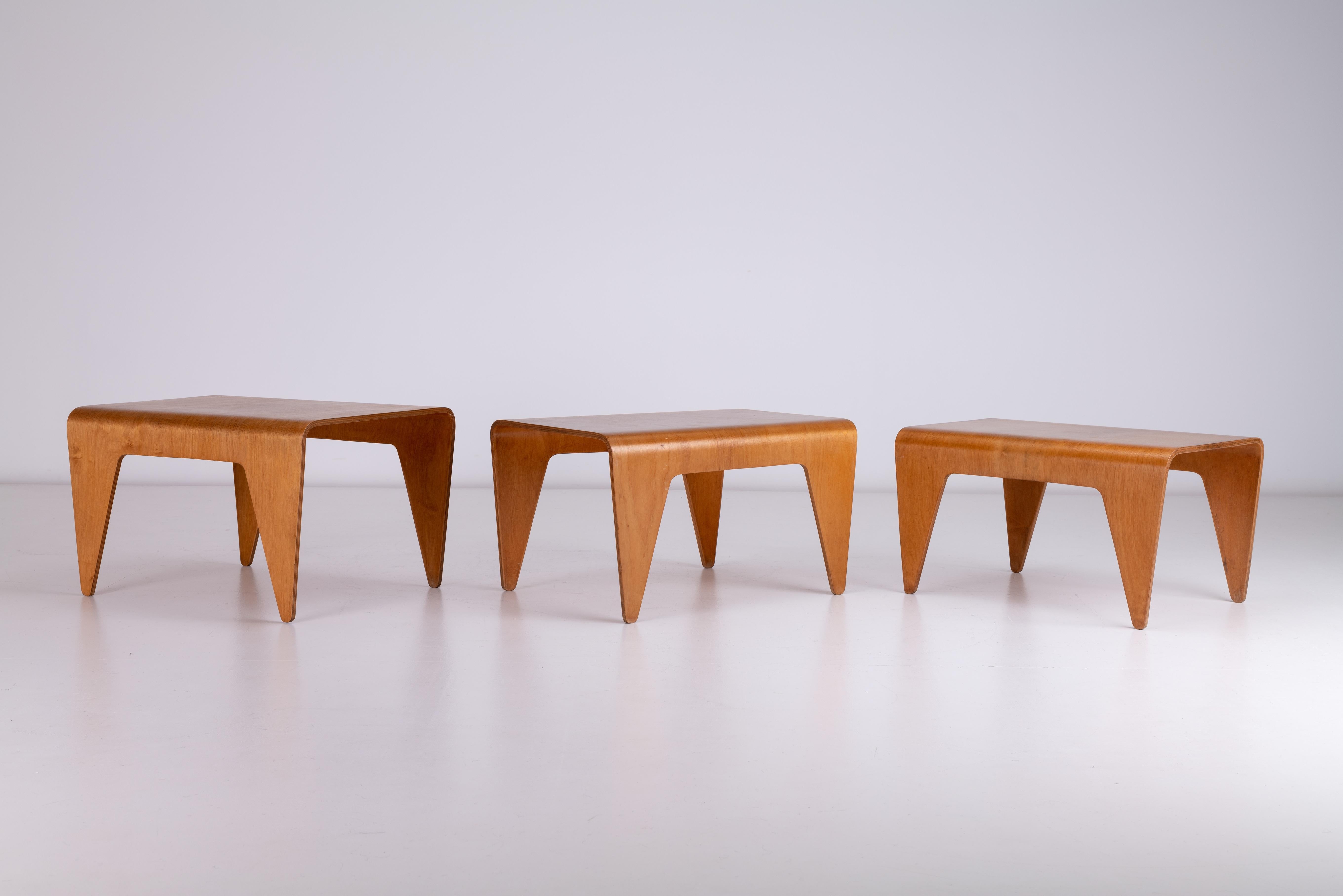 We have for sale a rare early set of modernist nesting tables by Marcel Breuer for Isokon. This is a pre world war two set made in Estonia by Vanesta. The early pieces are easily identifiable as they are individually stamped 'MADE IN ESTONIA'. Each