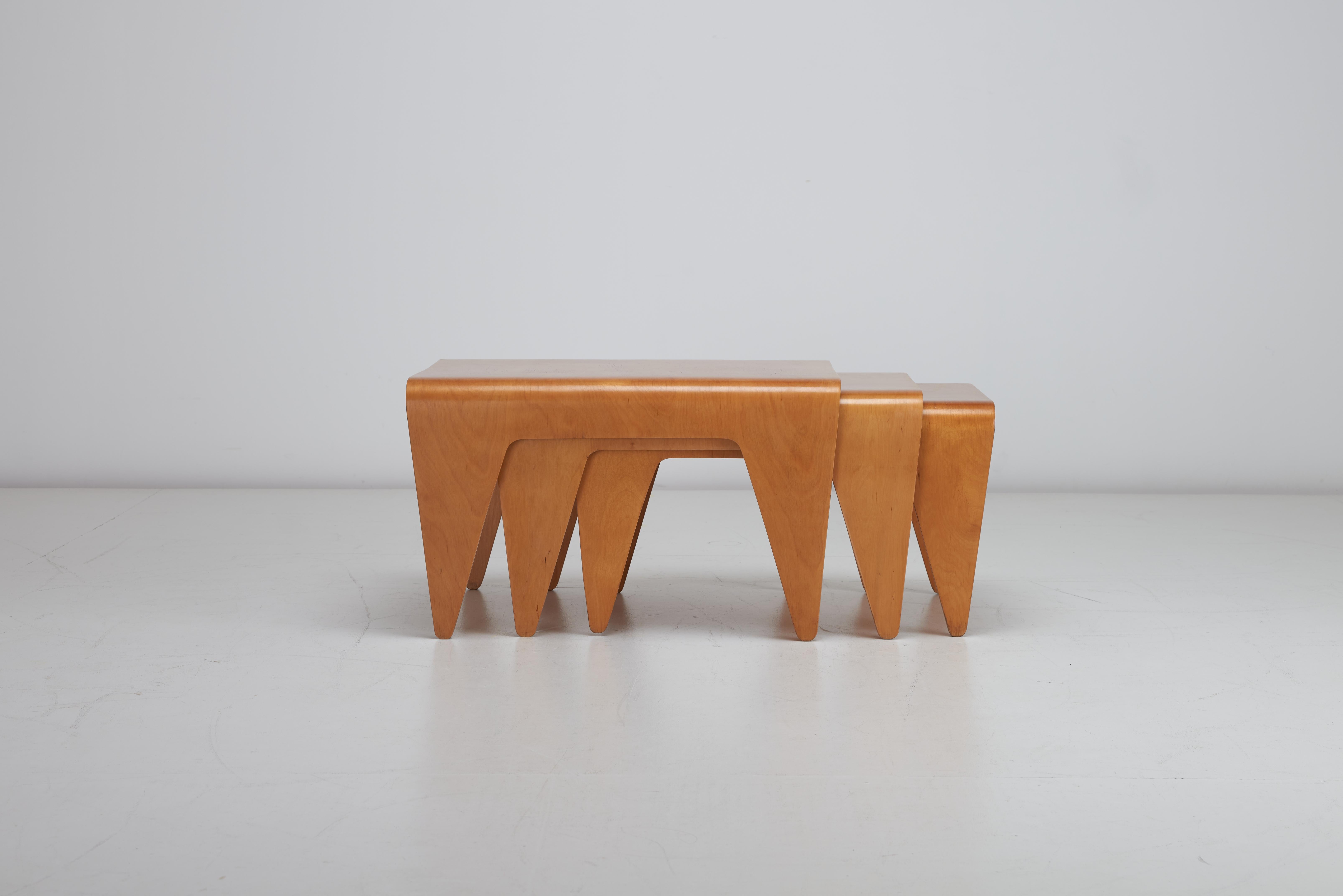 We have for sale a rare early set of modernist nesting tables by Marcel Breuer for Isokon. This is a pre world war two set made in Estonia by Vanesta. The early pieces are easily identifiable as they are individually stamped 'MADE IN ESTONIA'. Each