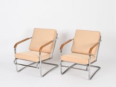 Marcel Breuer Pair of Bauhaus Tubular Chrome and Walnut Armchairs w/ Suede, 1940