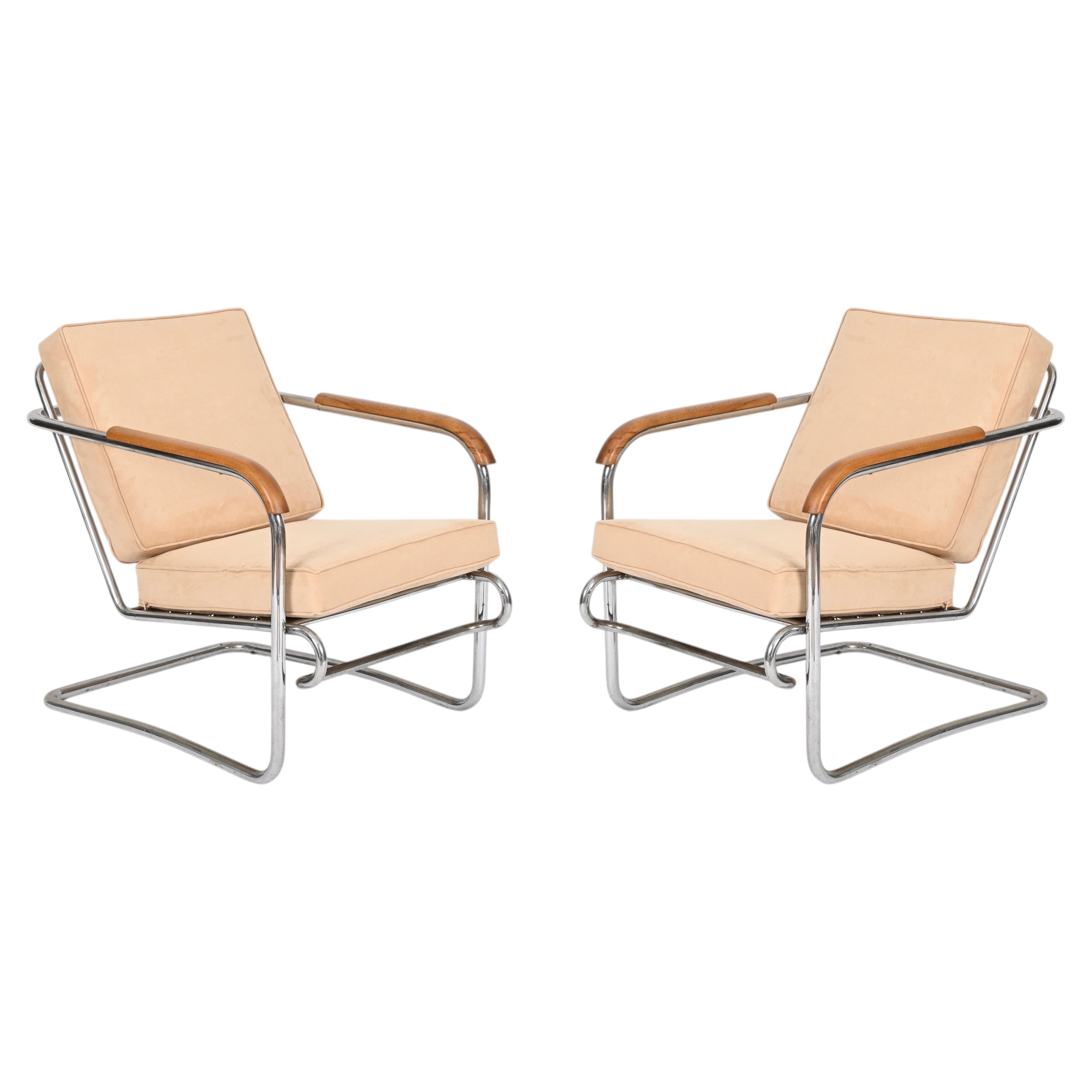 Marcel Breuer Pair of Bauhaus Tubular Chrome and Walnut Armchairs w/ Suede, 1940