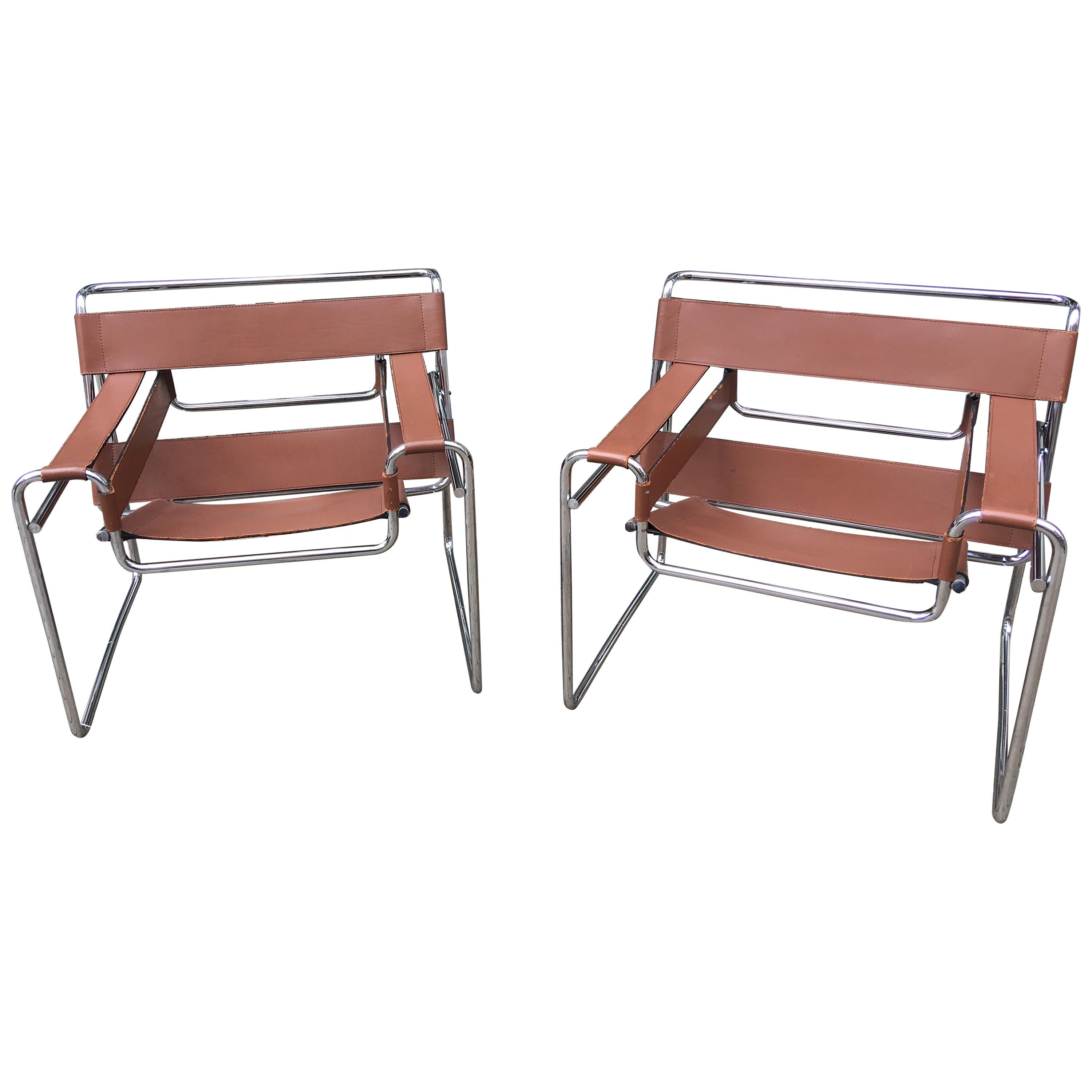 Marcel Breuer Pair of Brown Leather Wassily Chairs