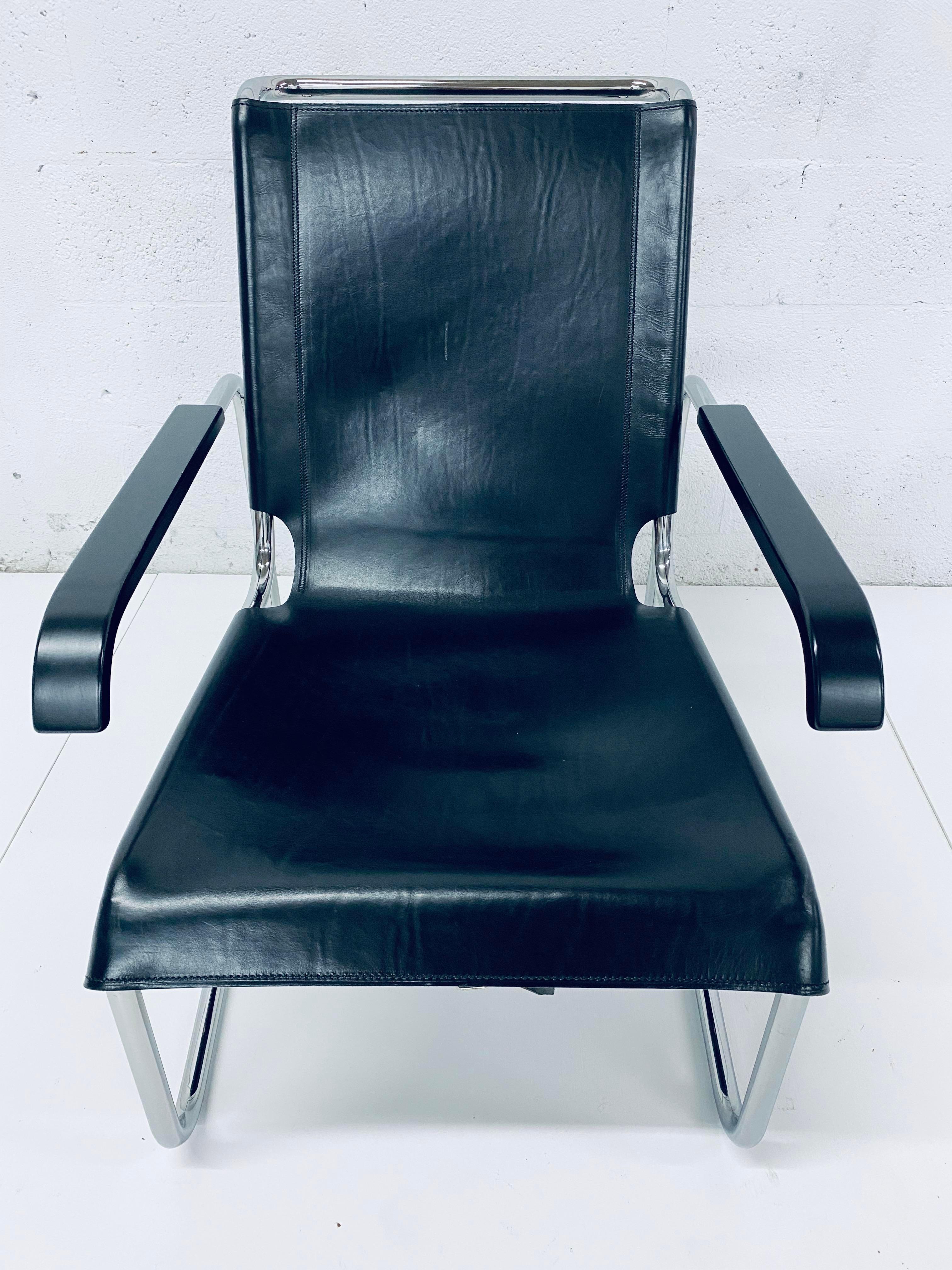 Black leather with chrome plated steel tube frame S 35 L lounge chair originally designed by Marcel Breuer for Gerbruder Thonet in 1928 and later imported by ICF in the 1960s.  Often times referred to as the B35 Chair.  Leather buckles on underside